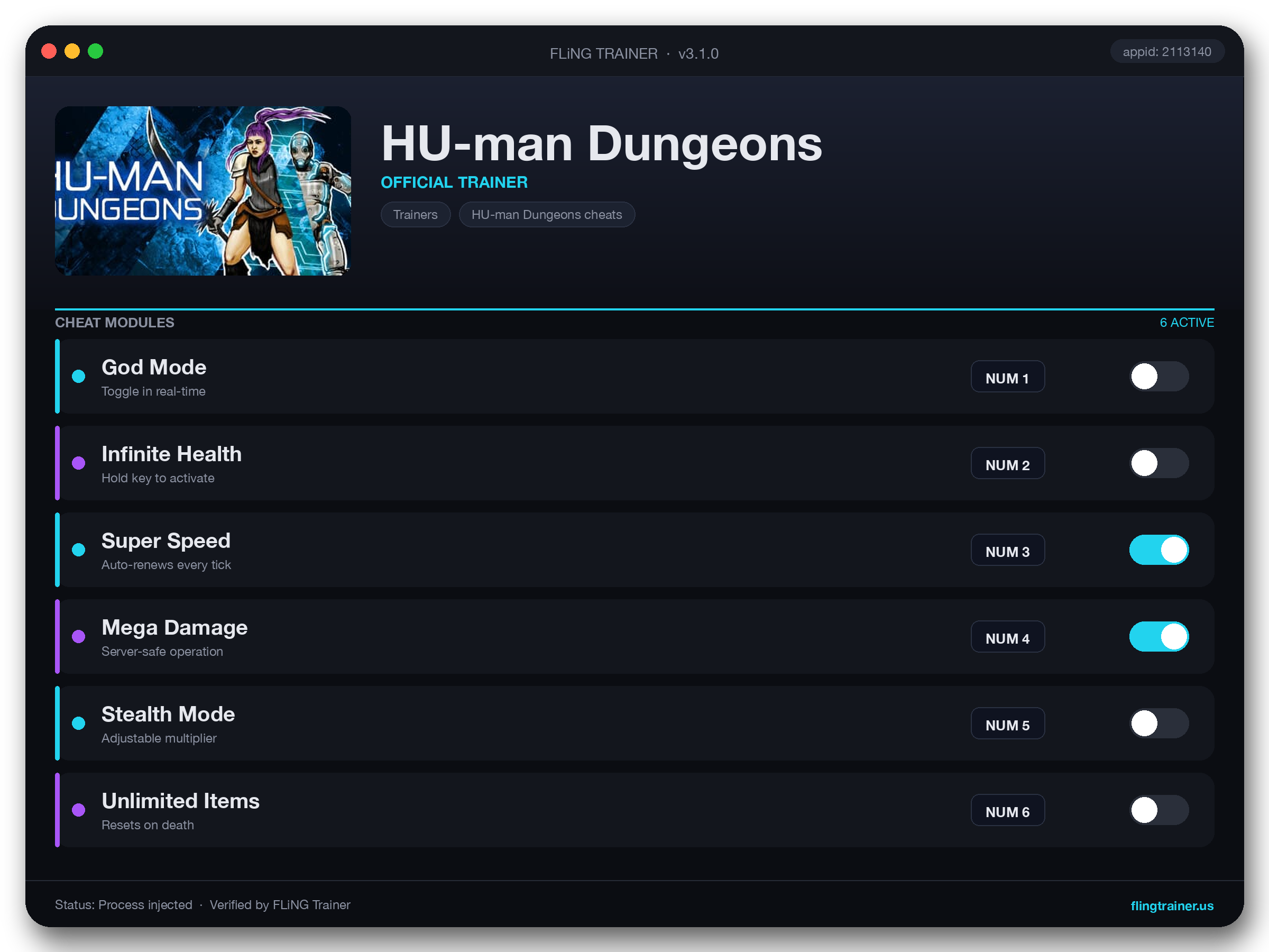 HU-man Dungeons Trainer interface