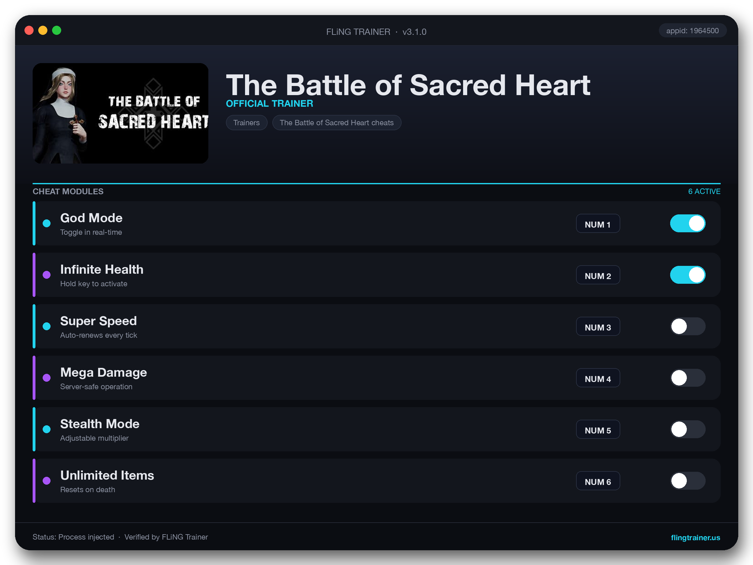 The Battle of Sacred Heart Trainer interface