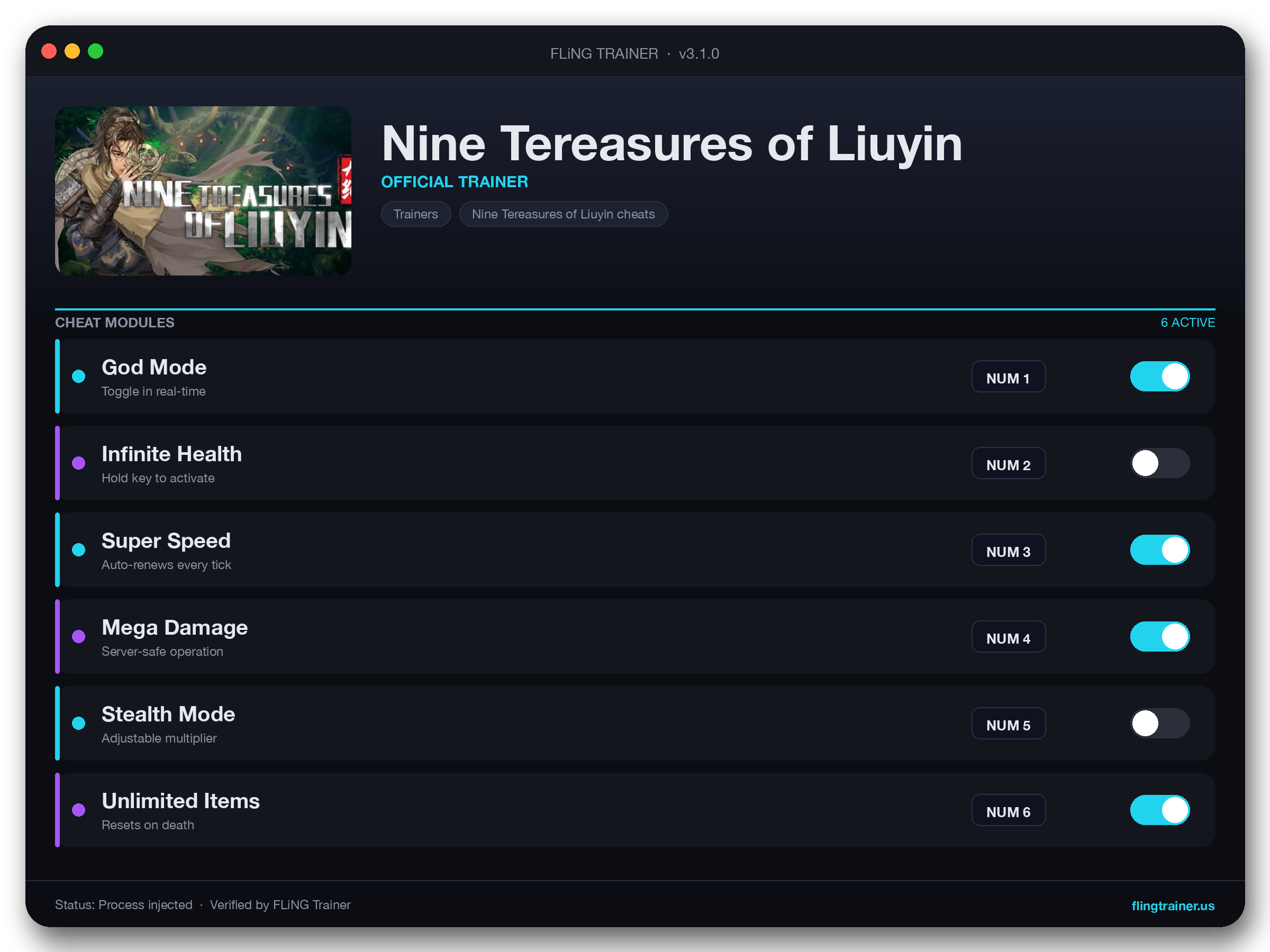Nine Tereasures of Liuyin Trainer interface