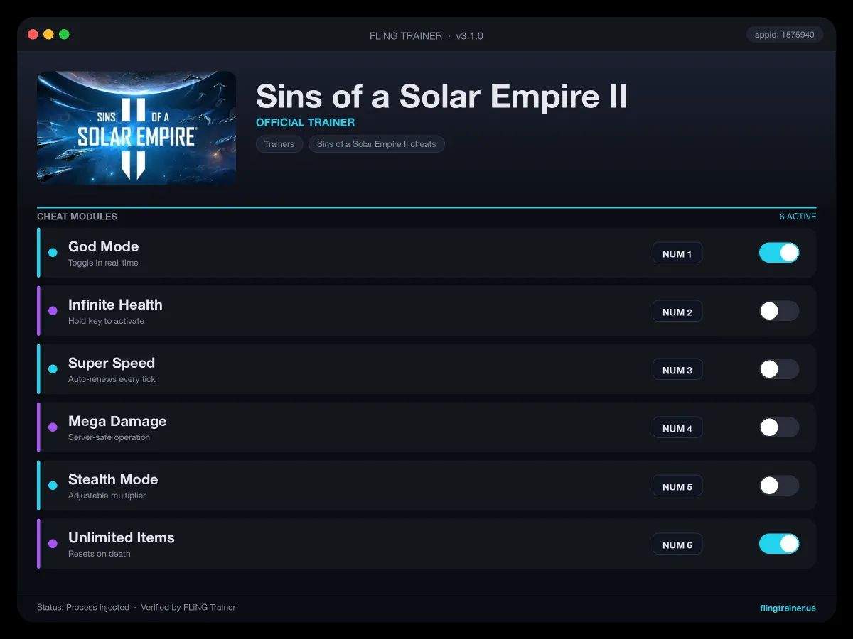 Sins of a Solar Empire II Trainer interface