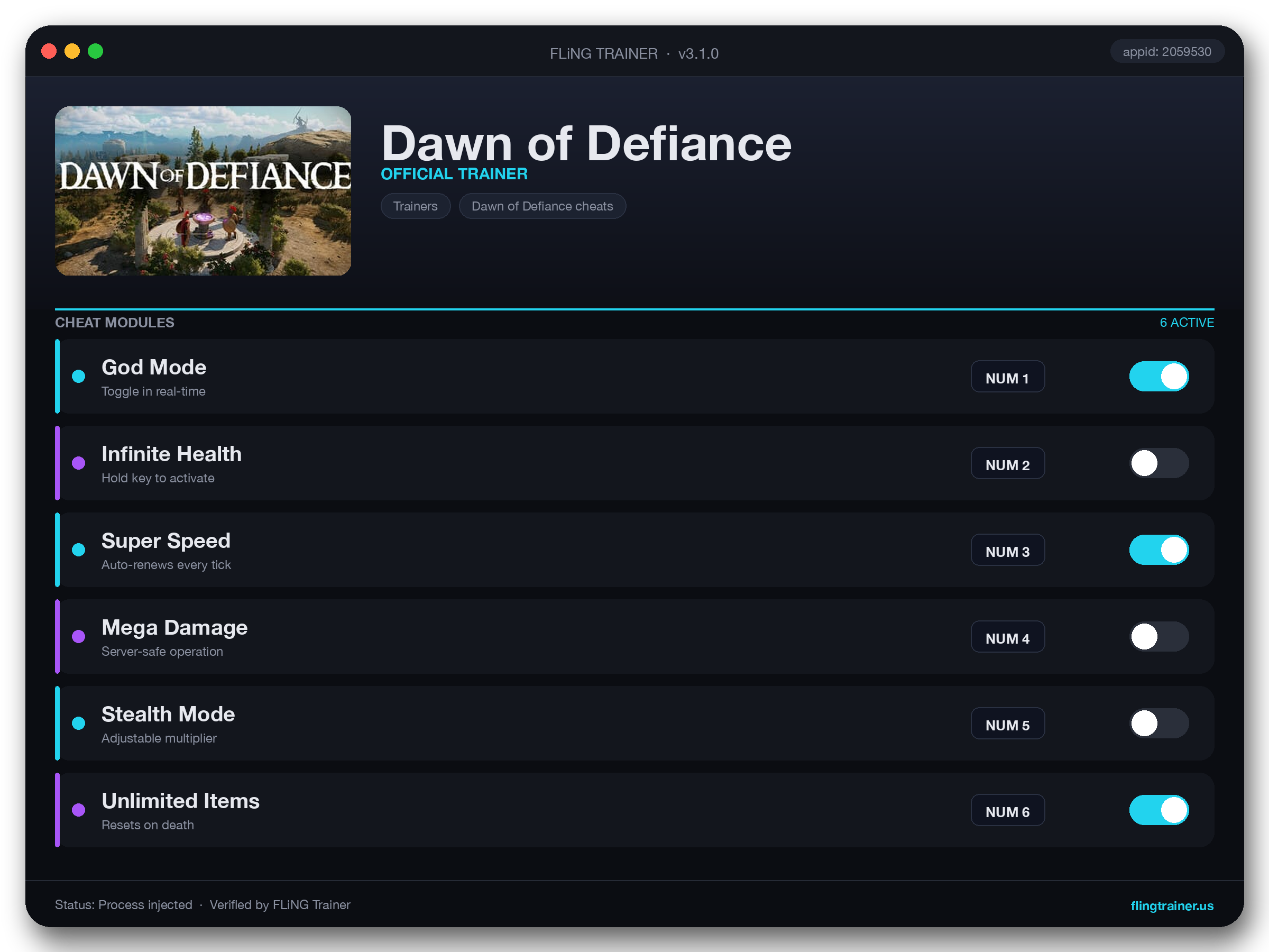 Dawn of Defiance Trainer interface