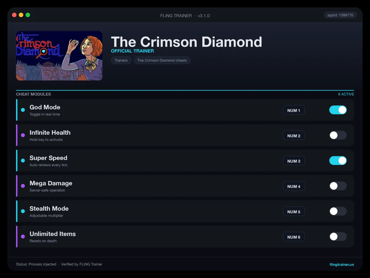 The Crimson Diamond Trainer interface
