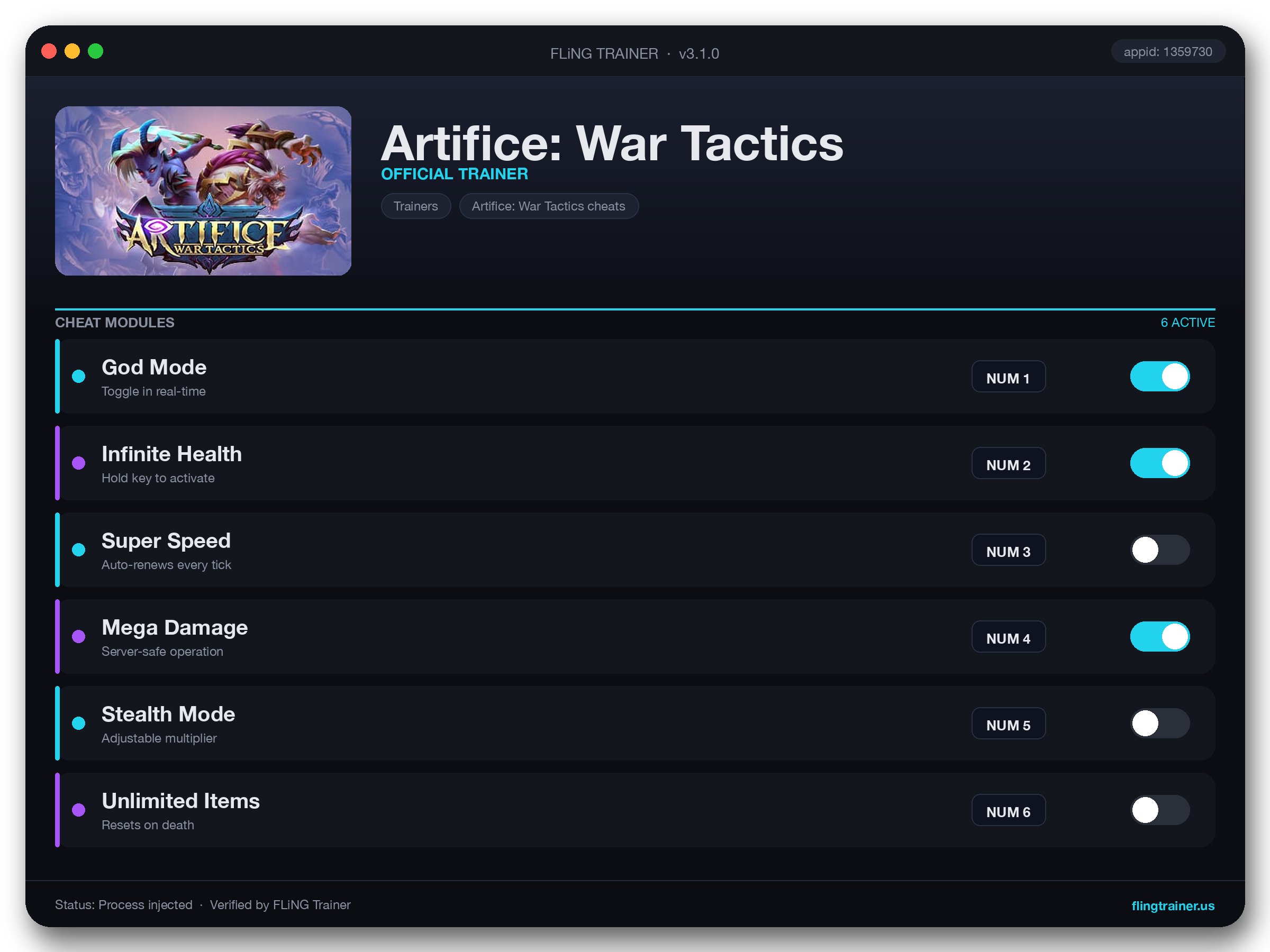 Artifice: War Tactics Trainer interface