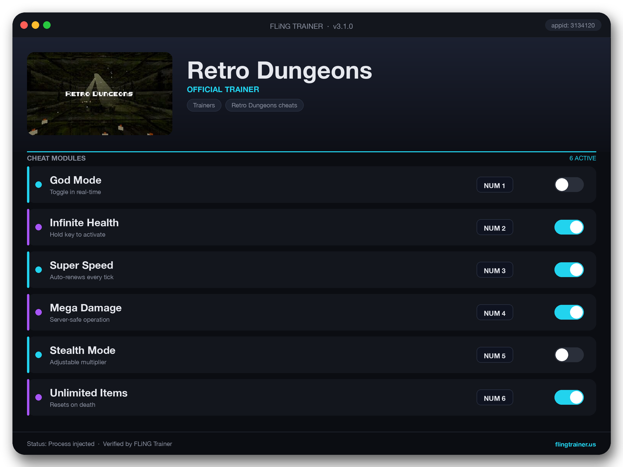 Retro Dungeons Trainer interface