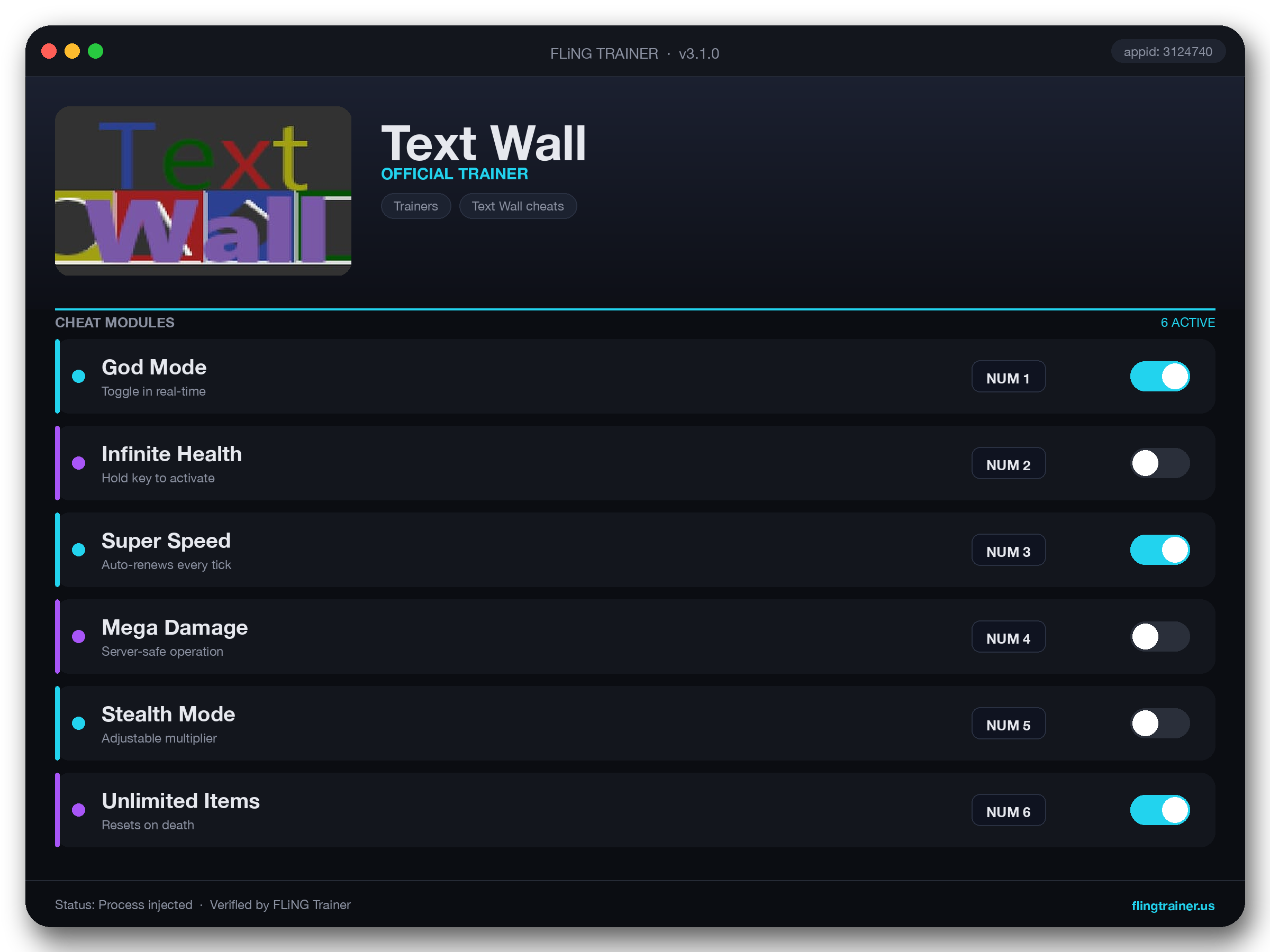 Text Wall Trainer interface