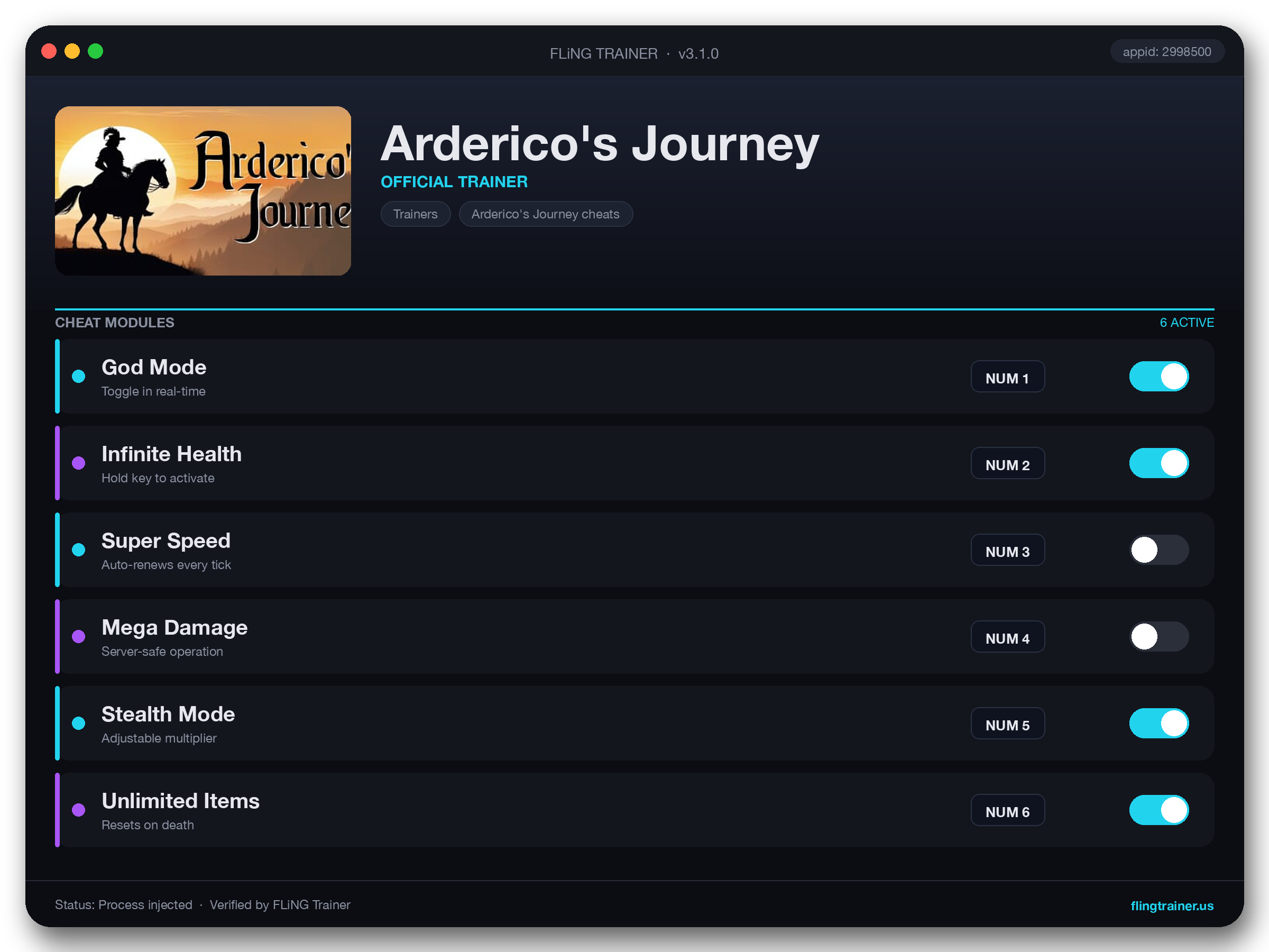 Arderico's Journey Trainer interface