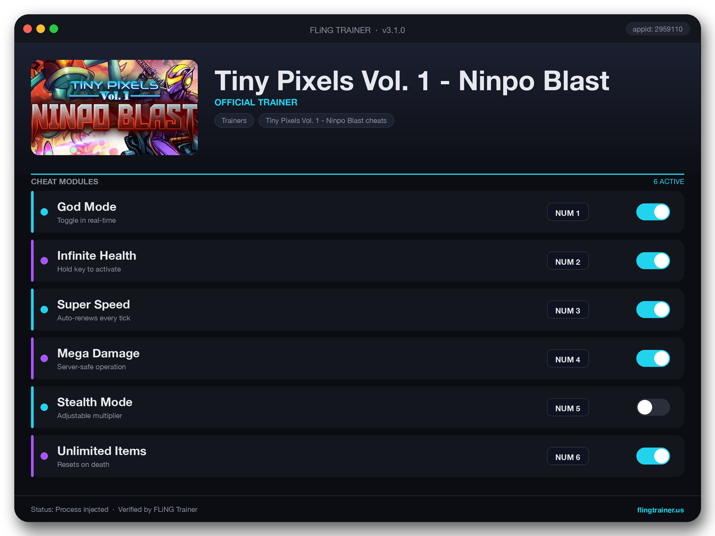 Tiny Pixels Vol. 1 - Ninpo Blast Trainer interface