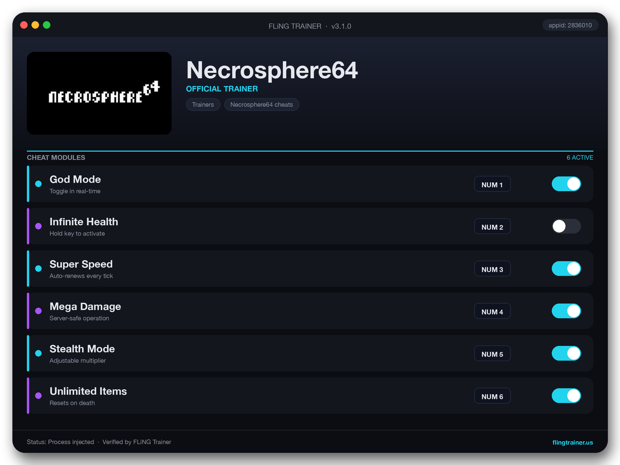 Necrosphere64 Trainer interface