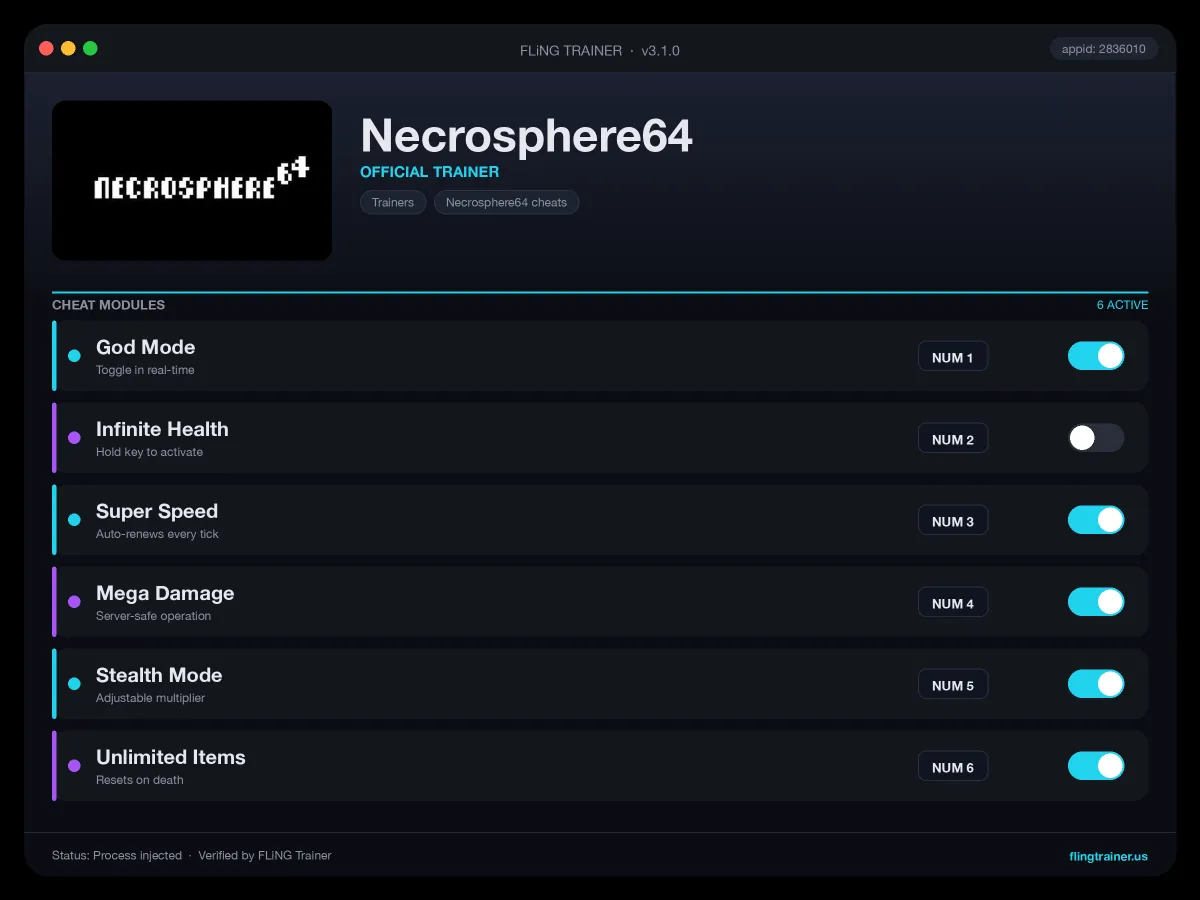 Necrosphere64 Trainer interface