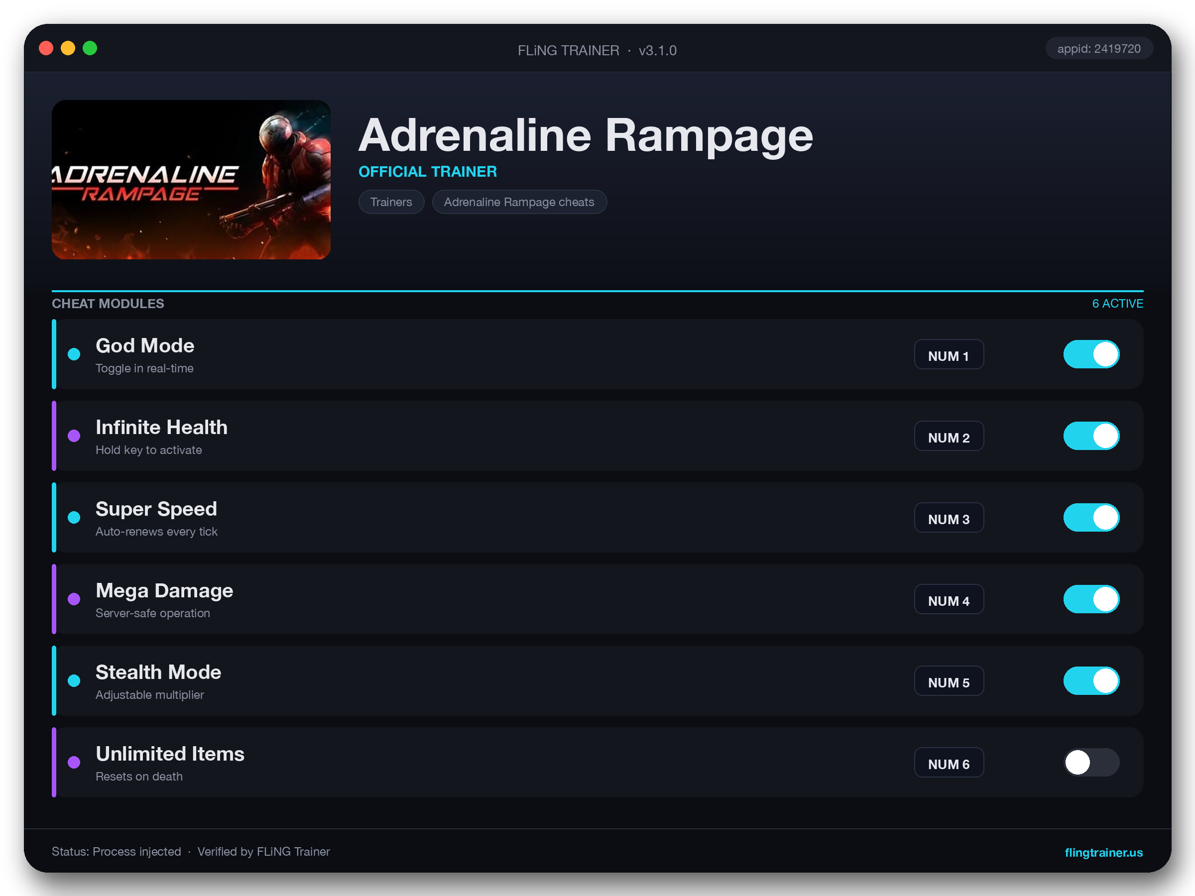 Adrenaline Rampage Trainer interface