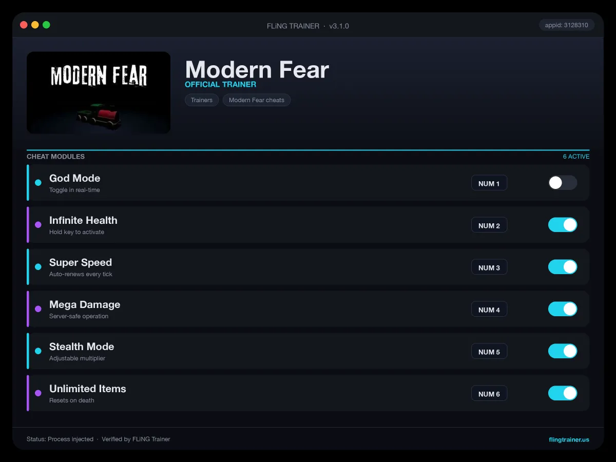 Modern Fear Trainer interface