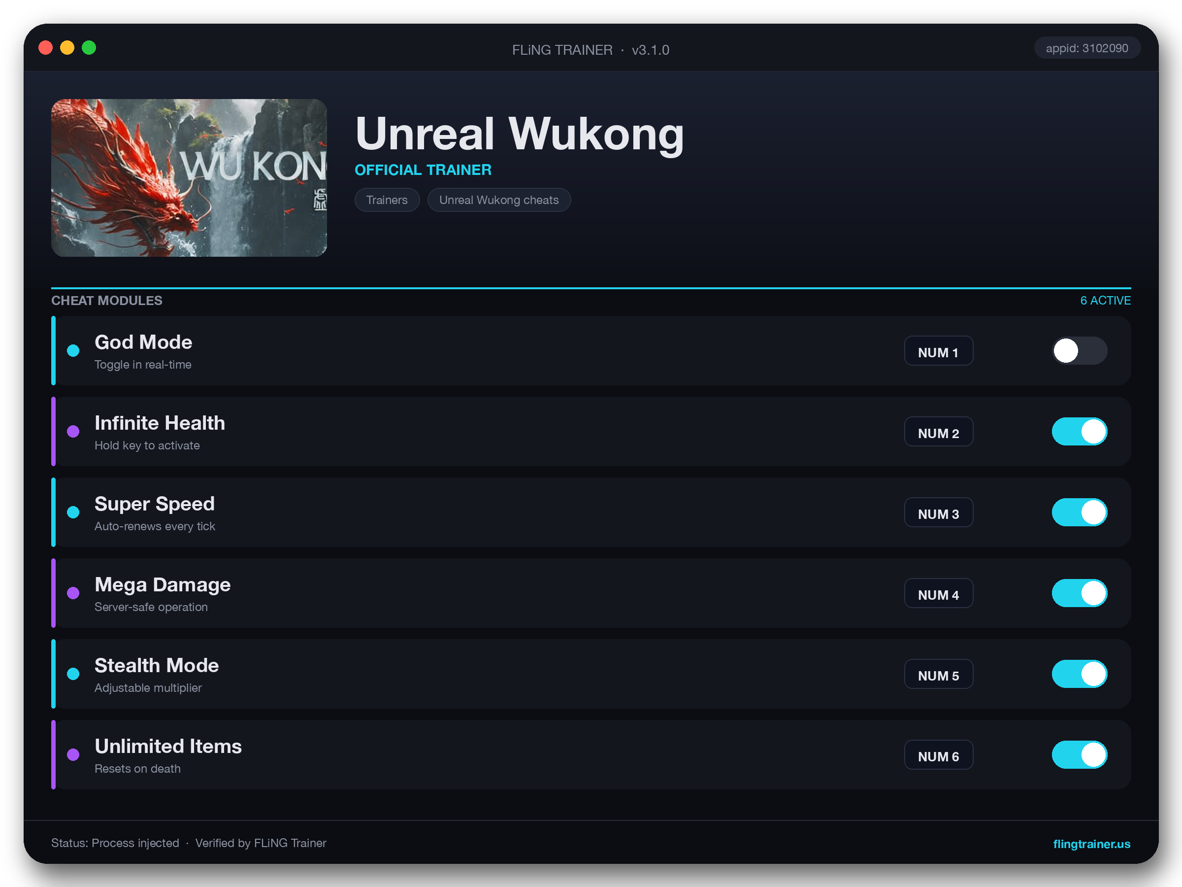 Unreal Wukong Trainer interface