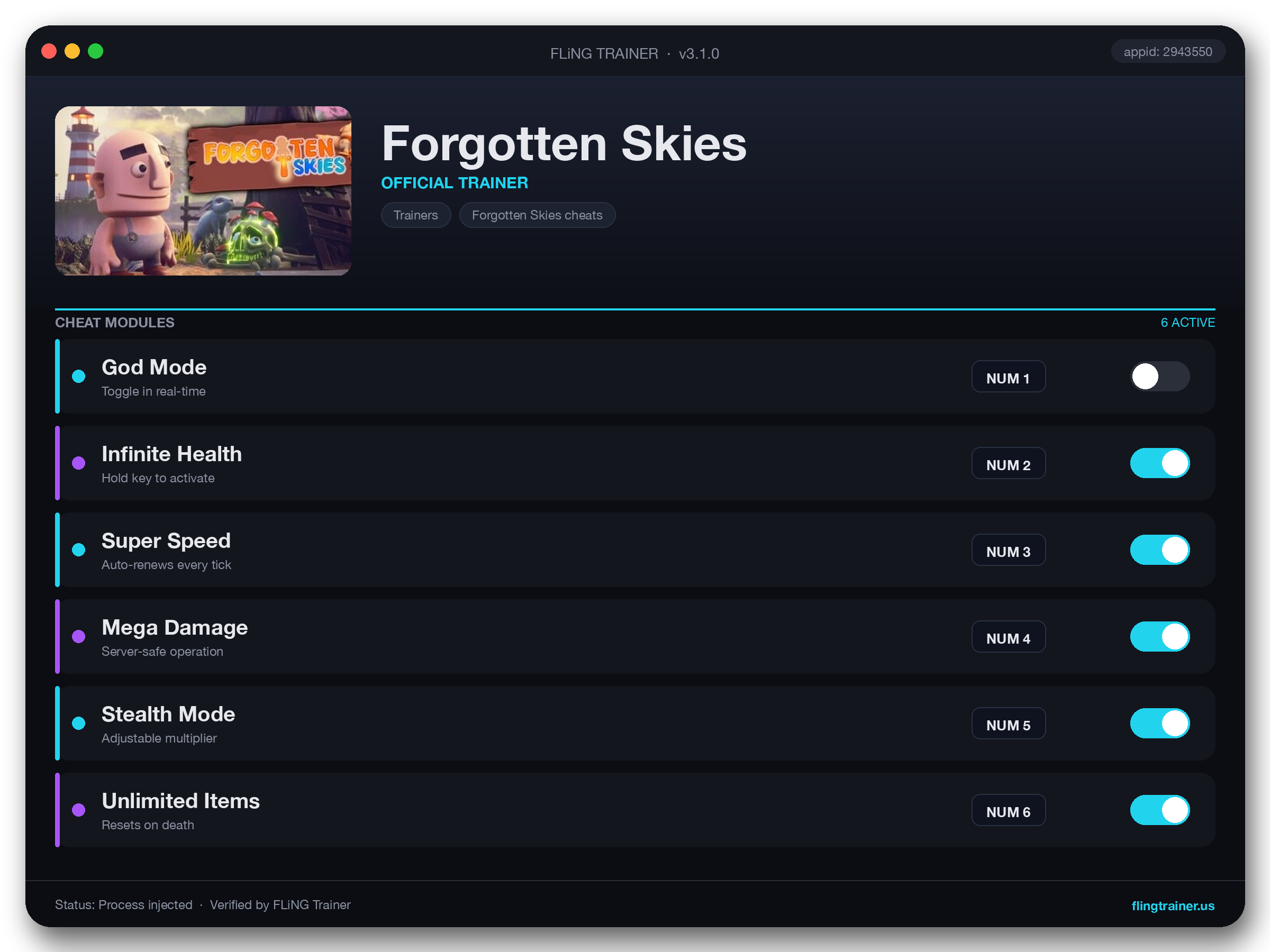 Forgotten Skies Trainer interface