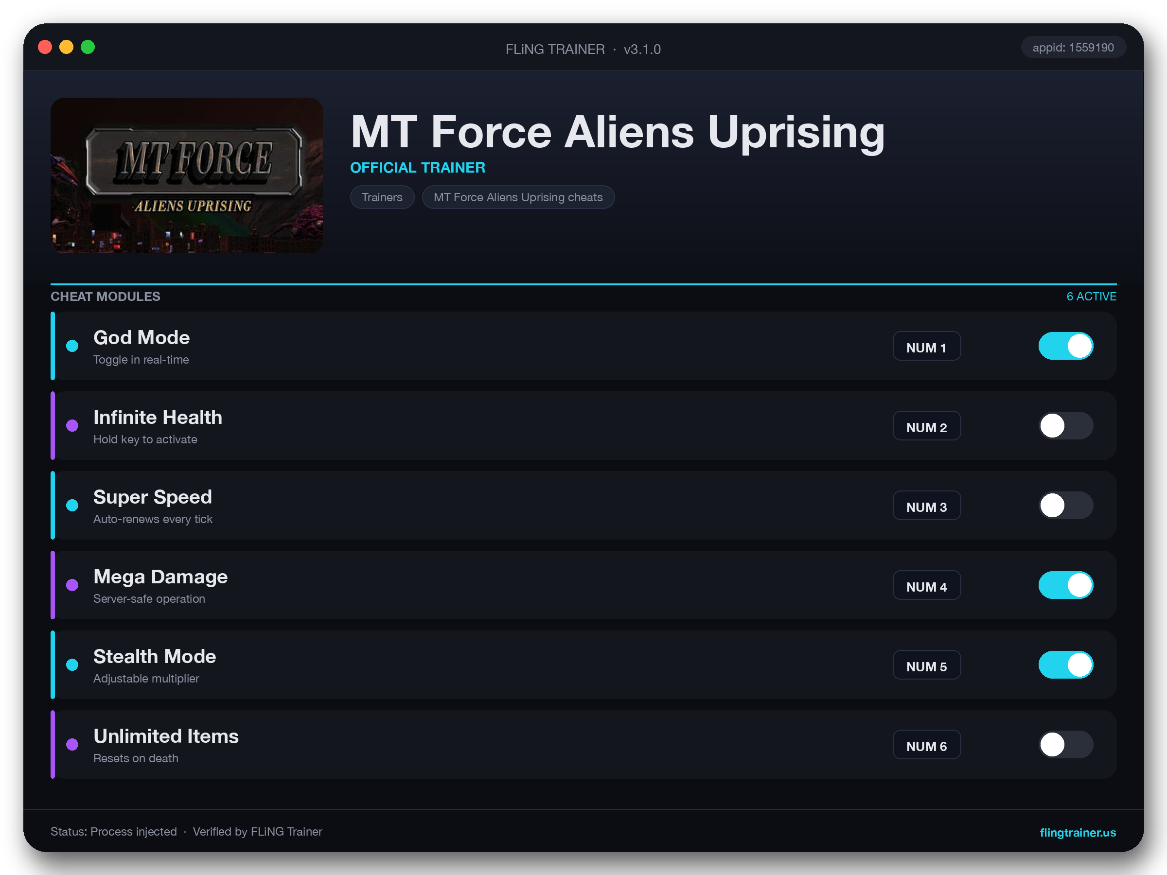 MT Force Aliens Uprising Trainer interface