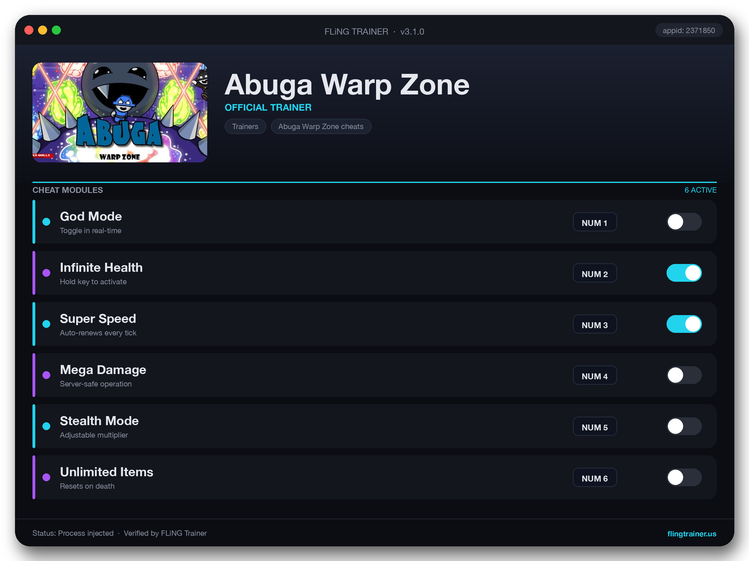 Abuga Warp Zone Trainer interface