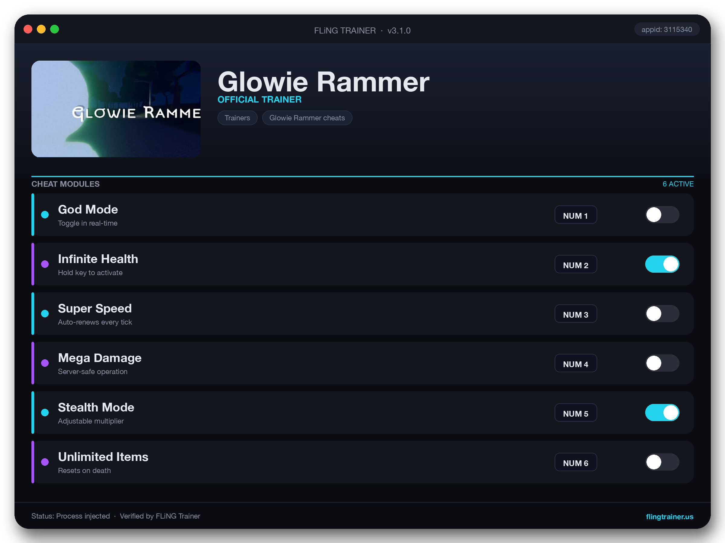 Glowie Rammer Trainer interface