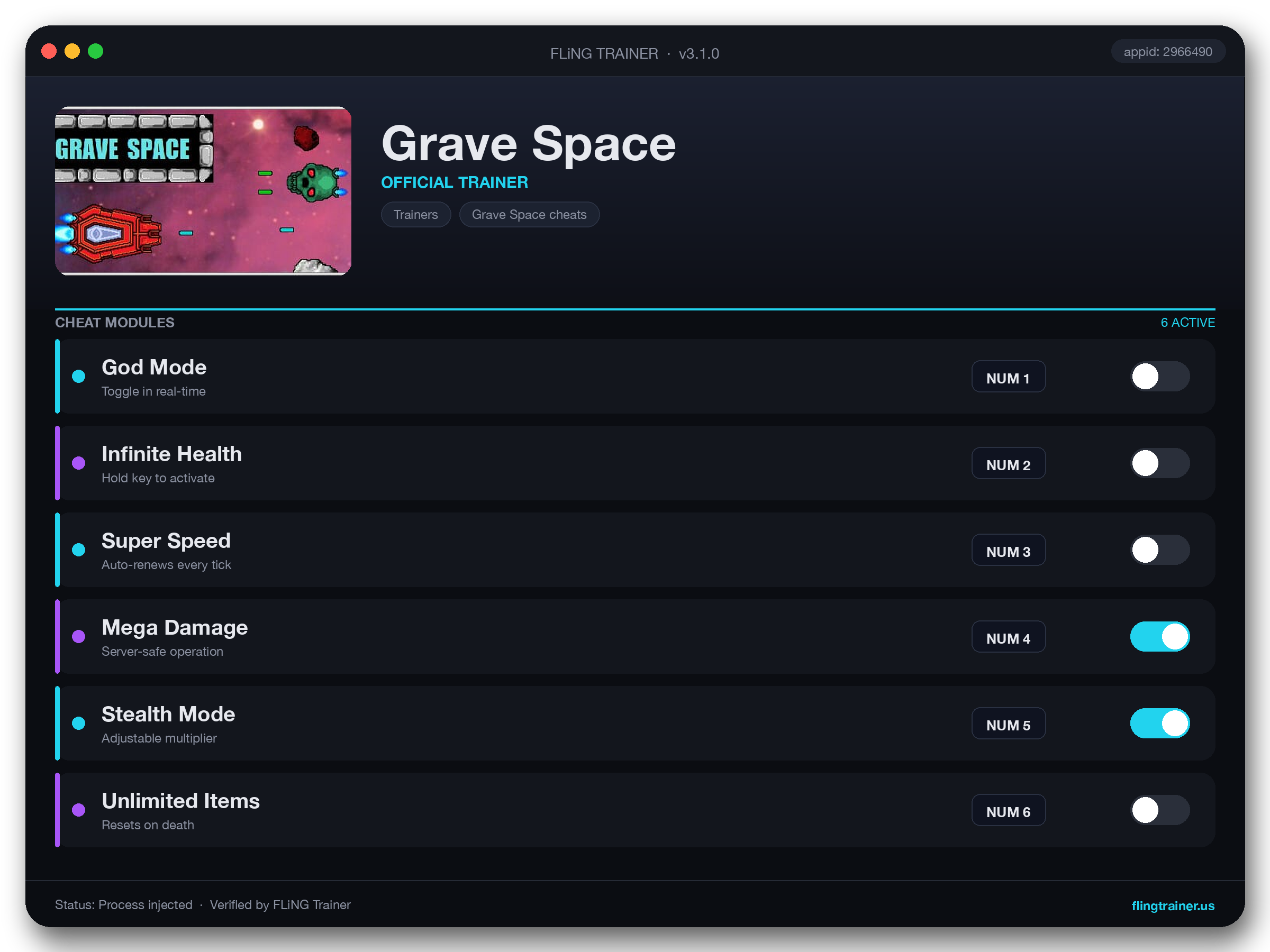 Grave Space Trainer interface