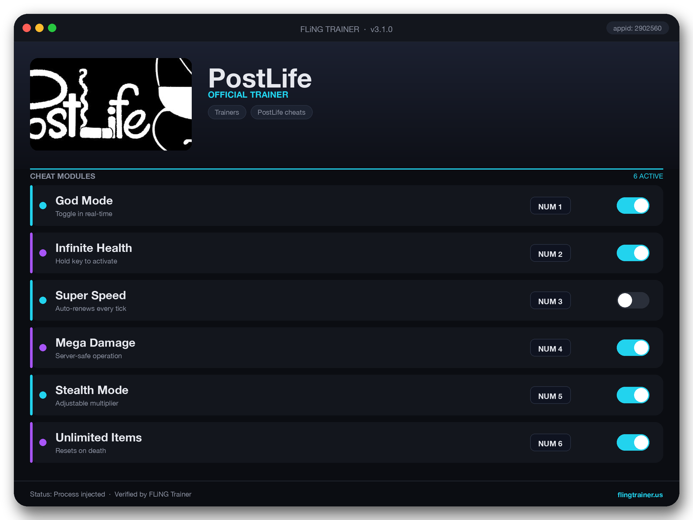 PostLife Trainer interface