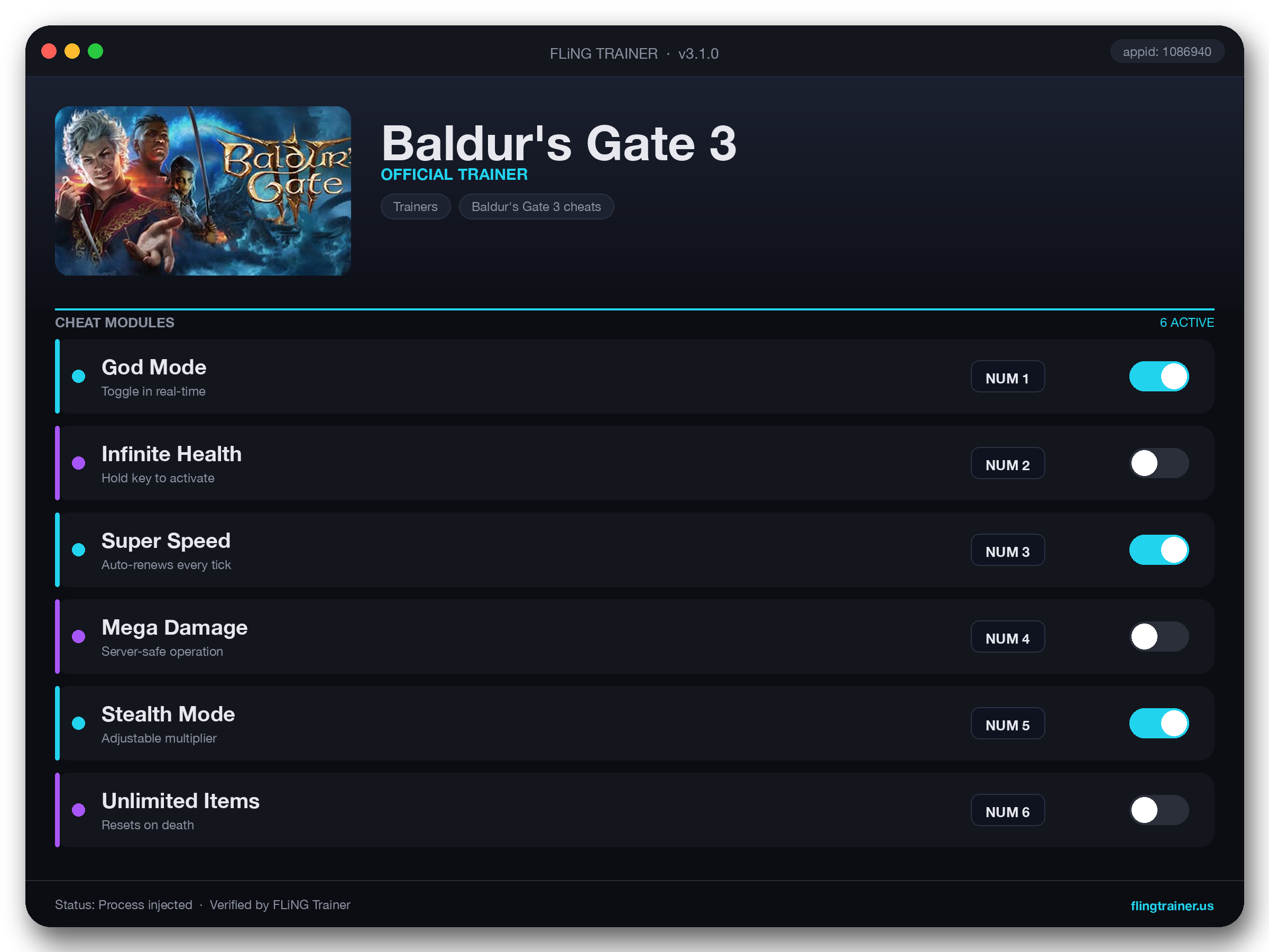 Baldur's Gate 3 Trainer interface