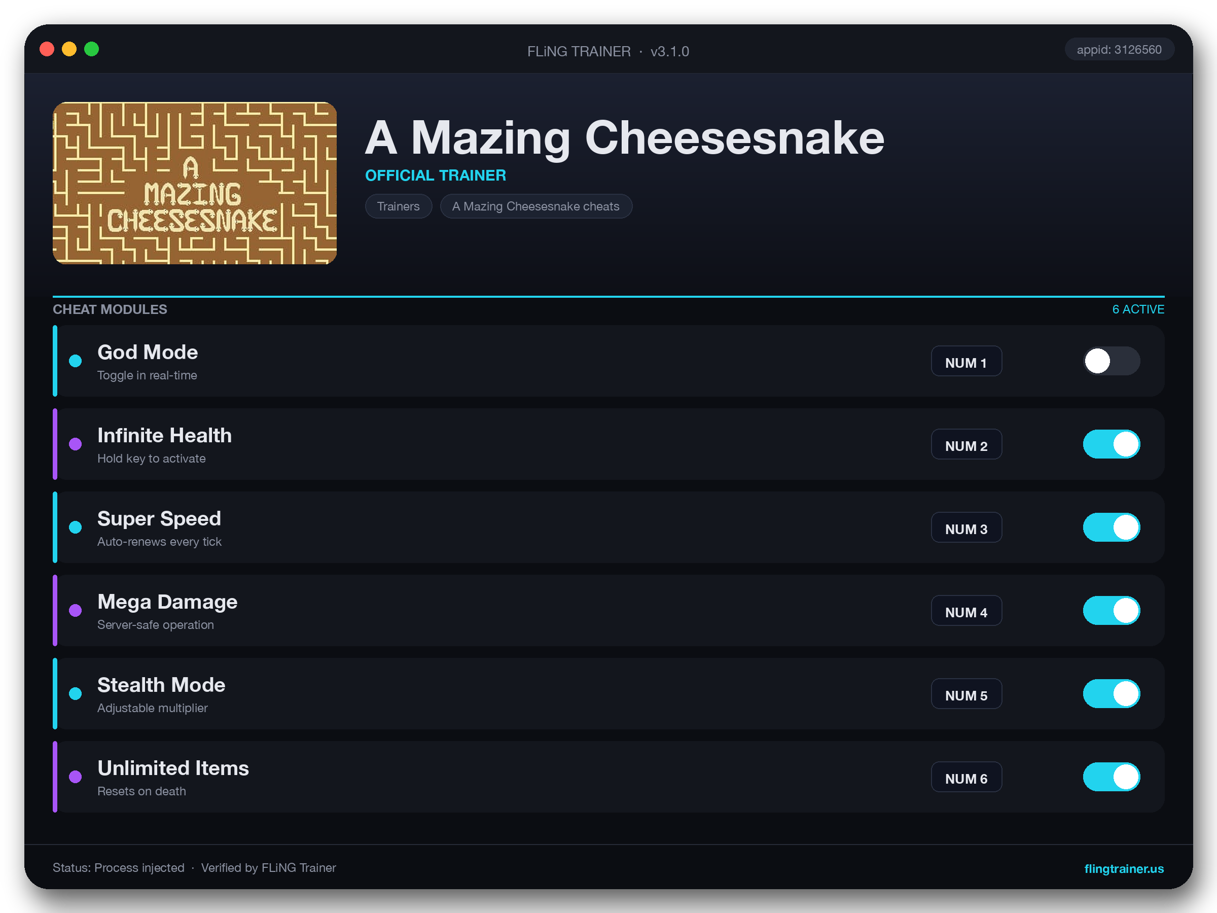 A Mazing Cheesesnake Trainer interface