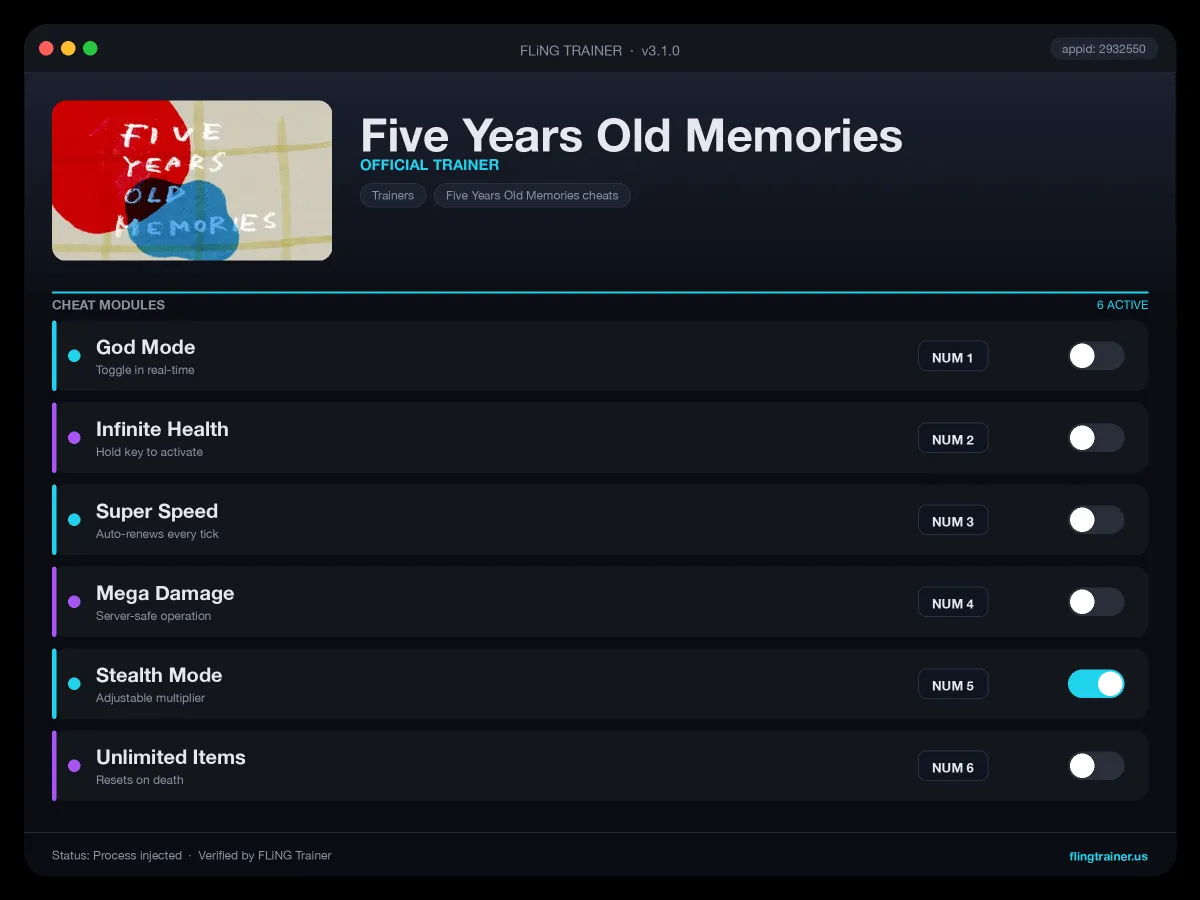 Five Years Old Memories Trainer interface