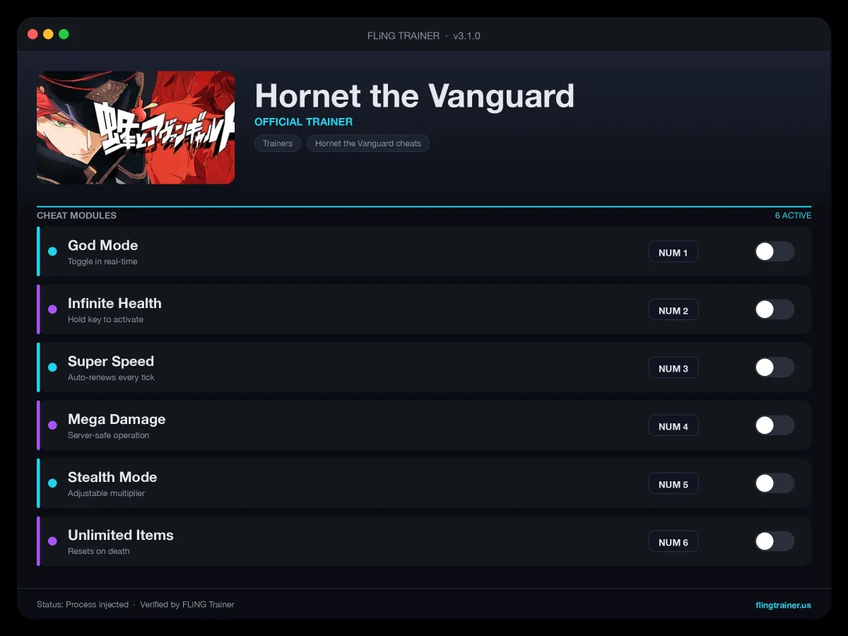 Hornet the Vanguard Trainer interface