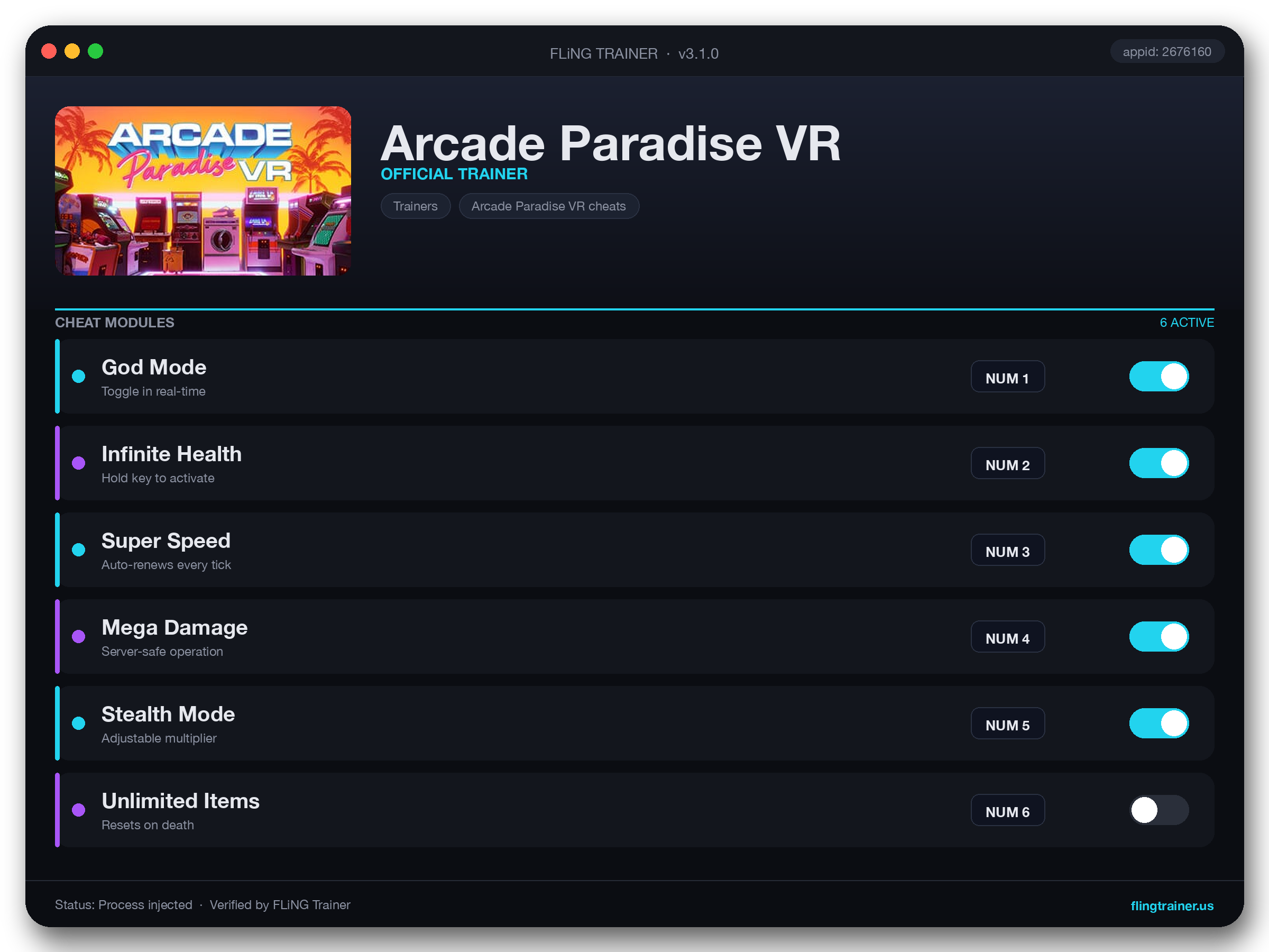 Arcade Paradise VR Trainer interface