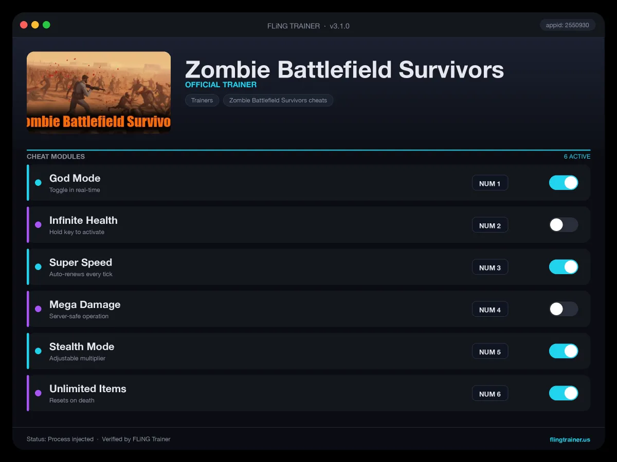 Zombie Battlefield Survivors Trainer interface