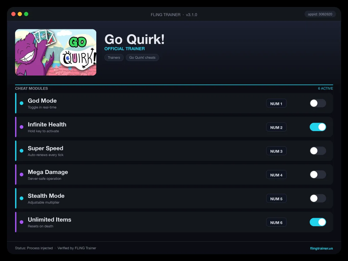 Go Quirk! Trainer interface