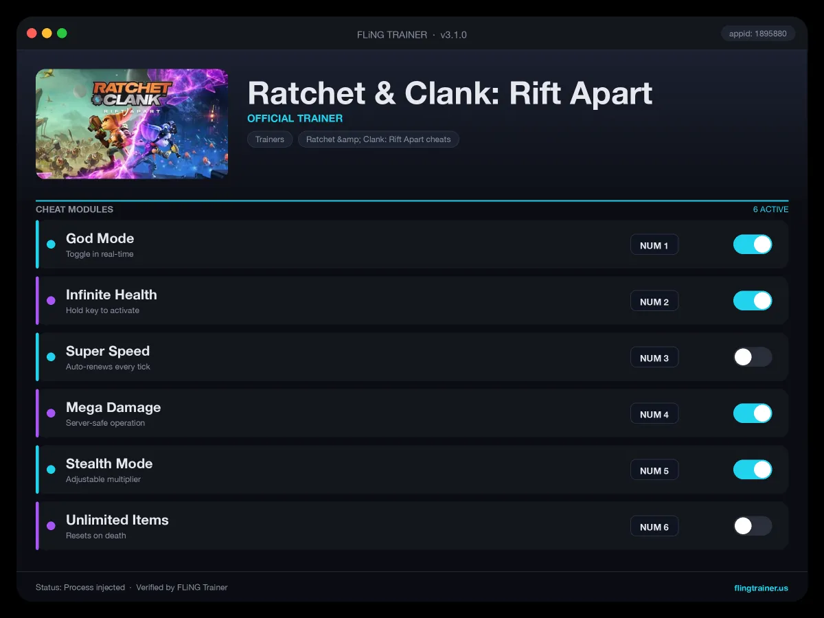 Ratchet & Clank: Rift Apart Trainer interface