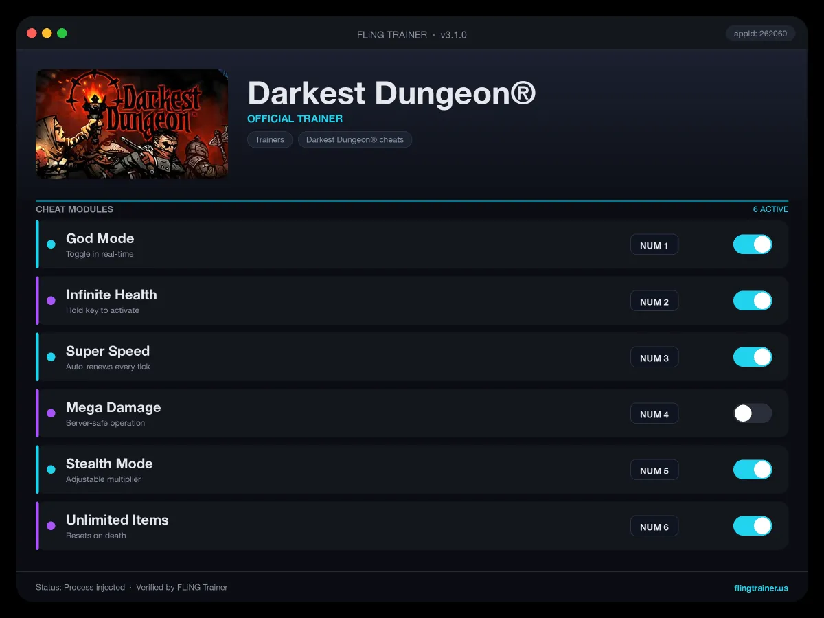 Darkest Dungeon® Trainer interface