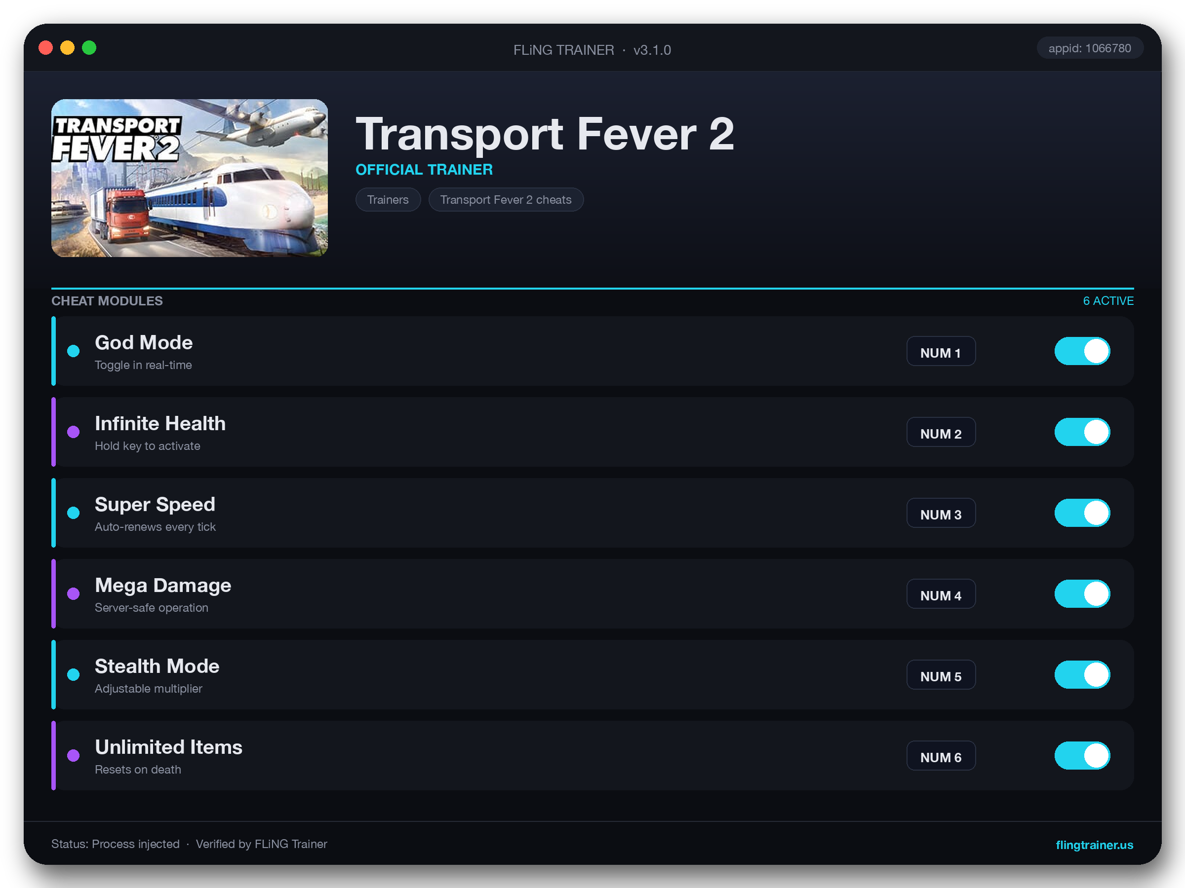Transport Fever 2 Trainer interface