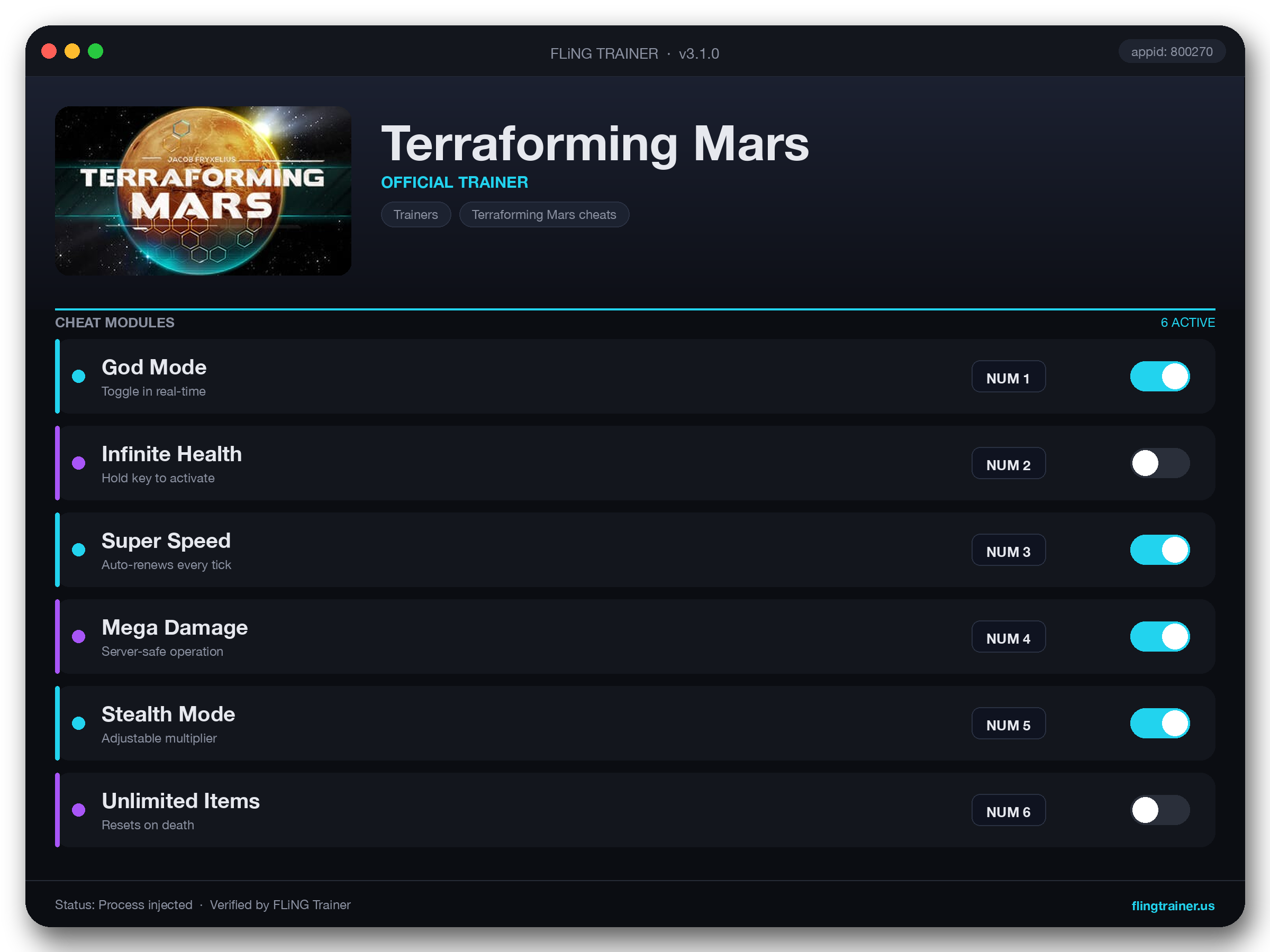 Terraforming Mars Trainer interface