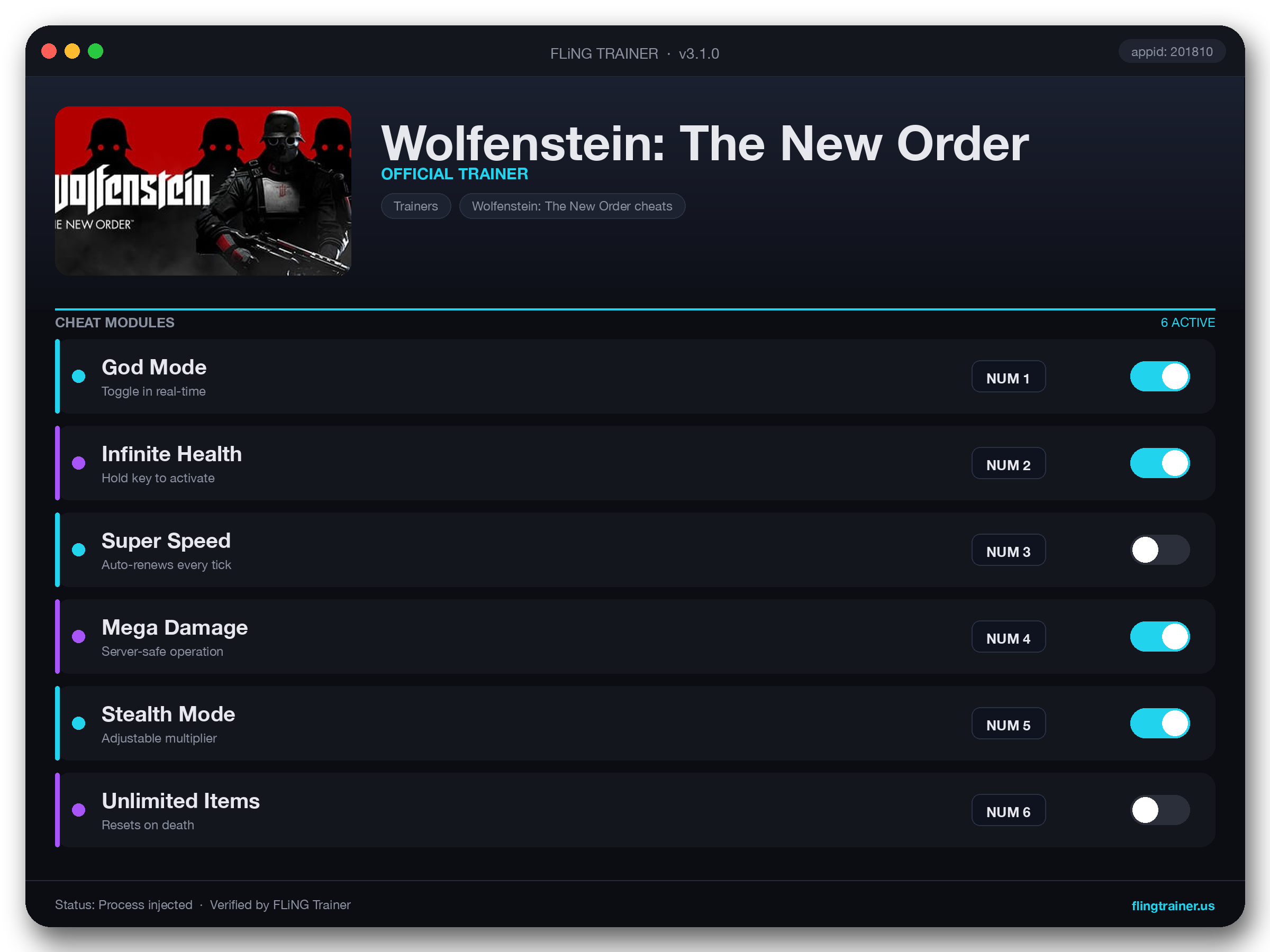 Wolfenstein: The New Order Trainer interface