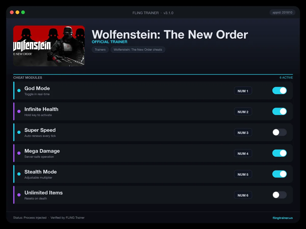 Wolfenstein: The New Order Trainer interface
