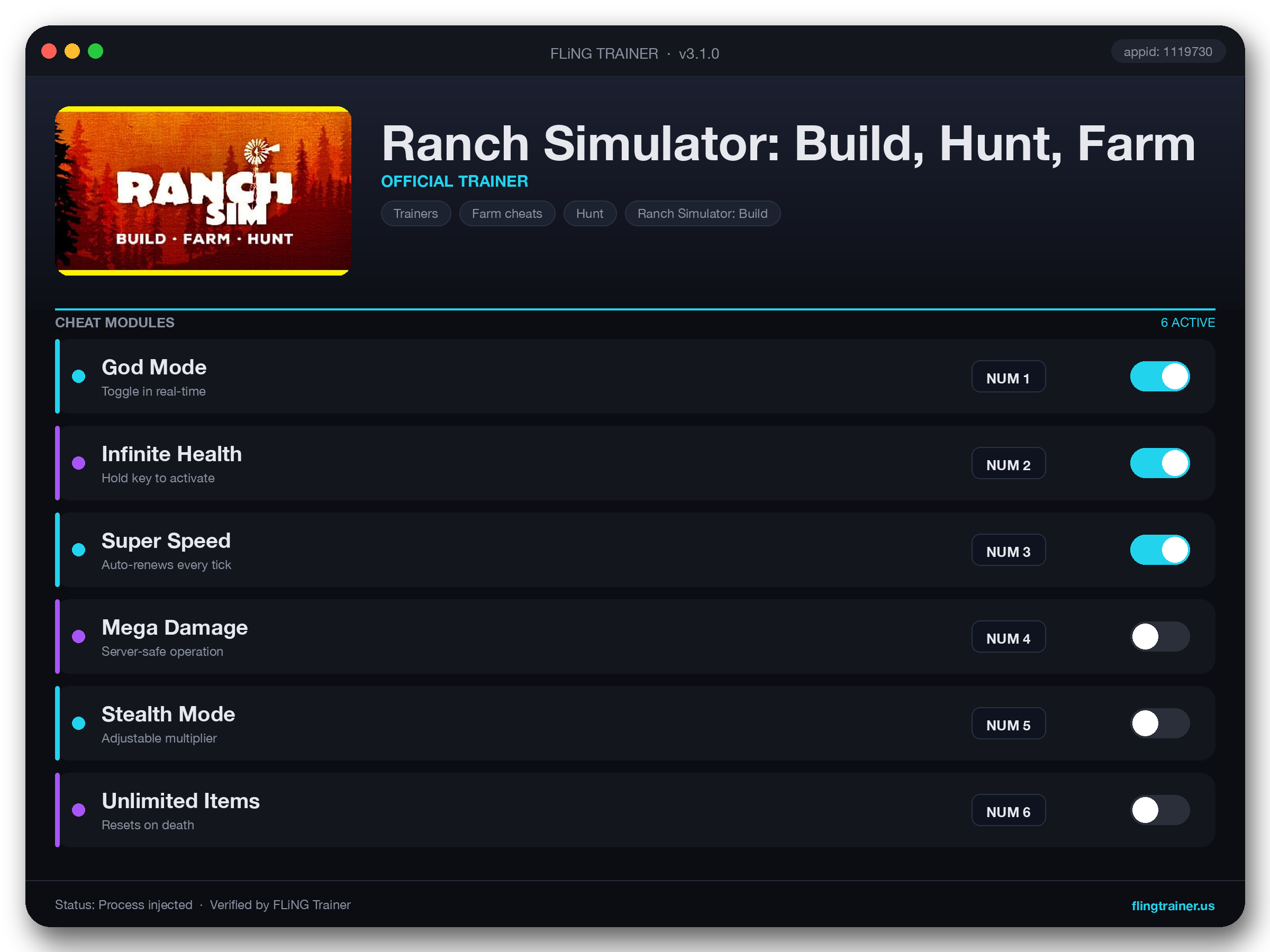 Ranch Simulator: Build, Hunt, Farm Trainer interface