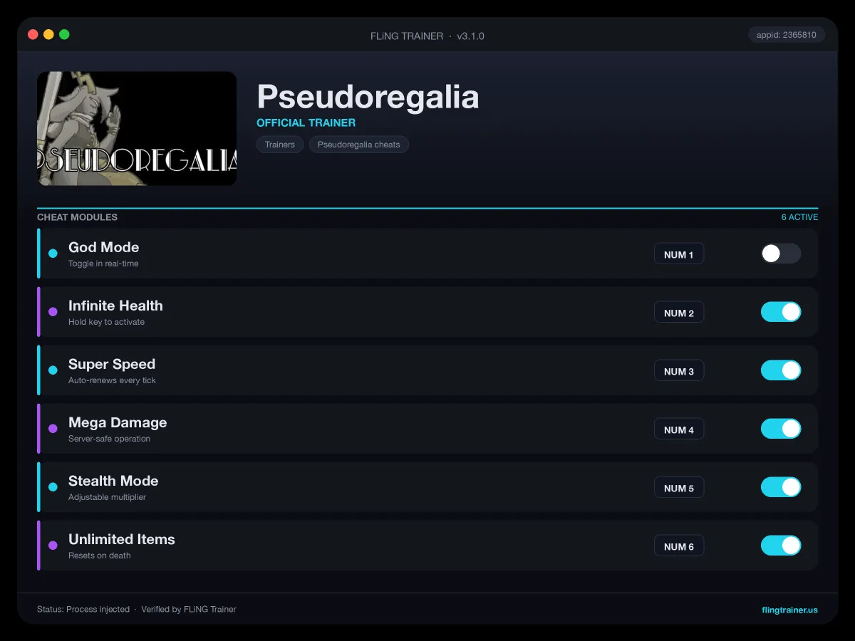 Pseudoregalia Trainer interface