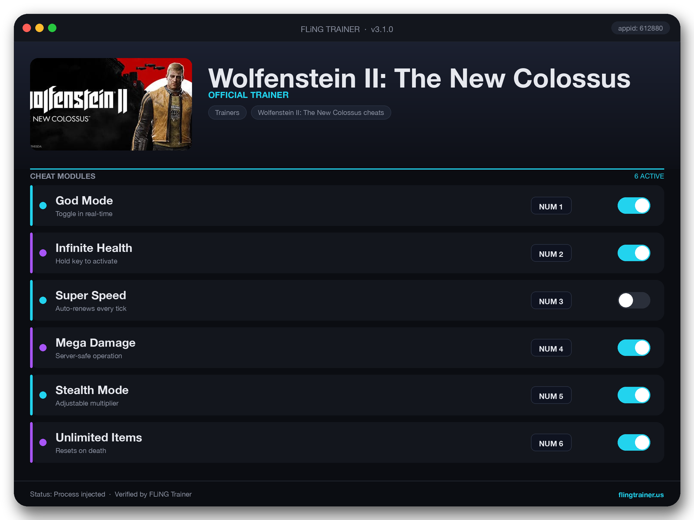Wolfenstein II: The New Colossus Trainer interface