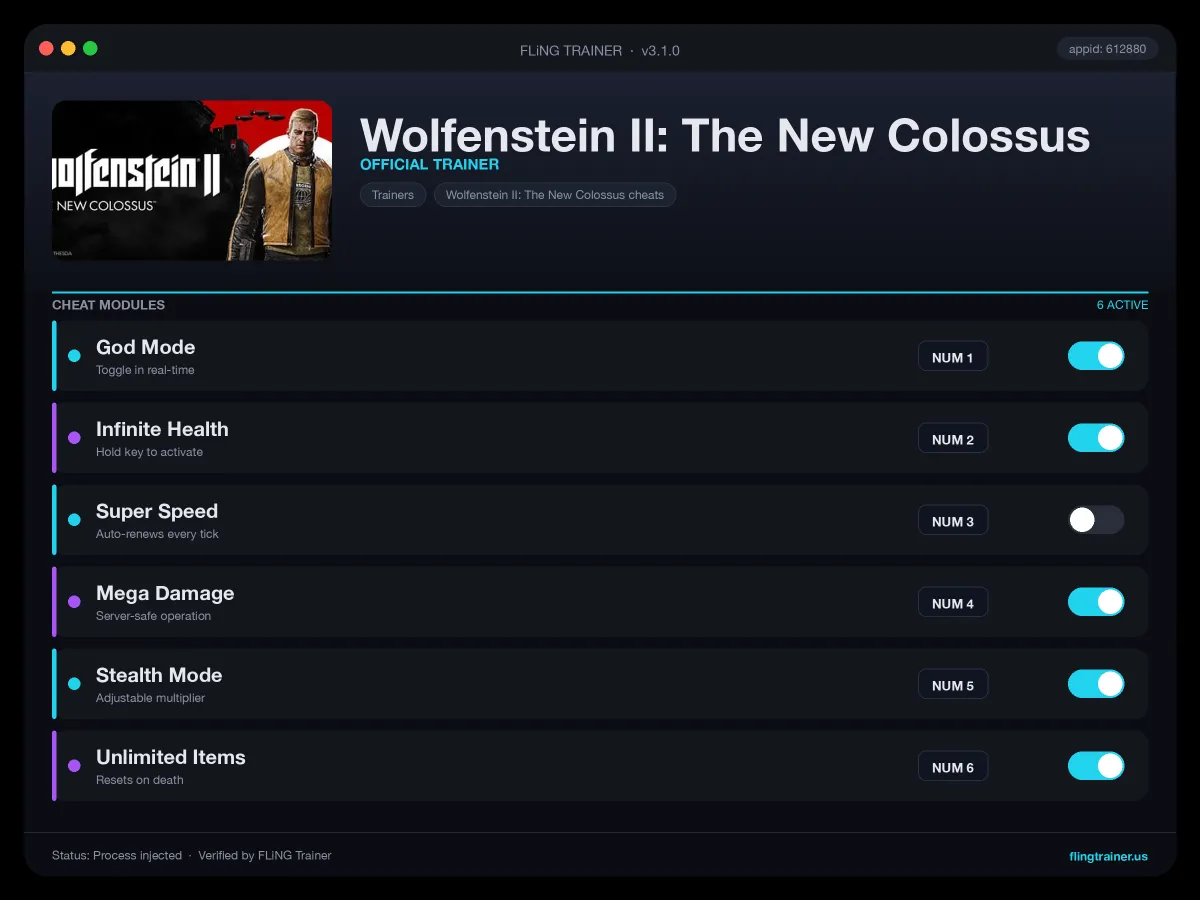 Wolfenstein II: The New Colossus Trainer interface