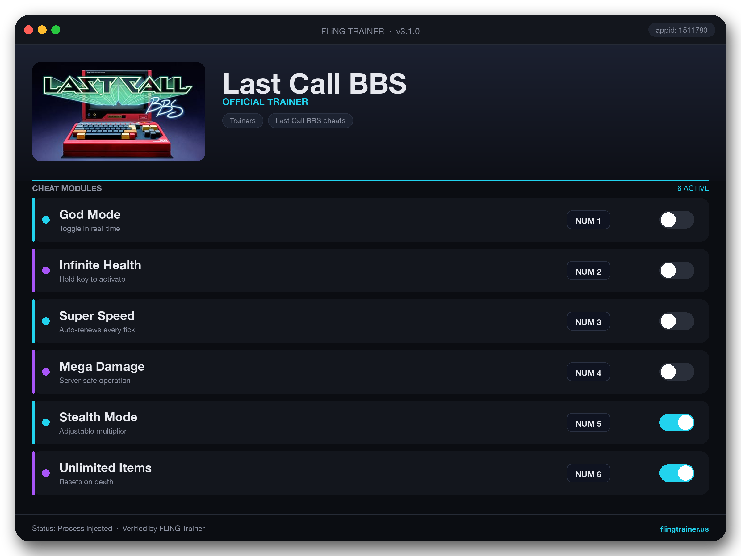 Last Call BBS Trainer interface
