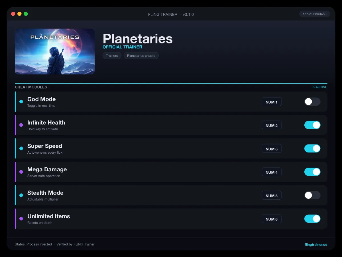 Planetaries Trainer interface