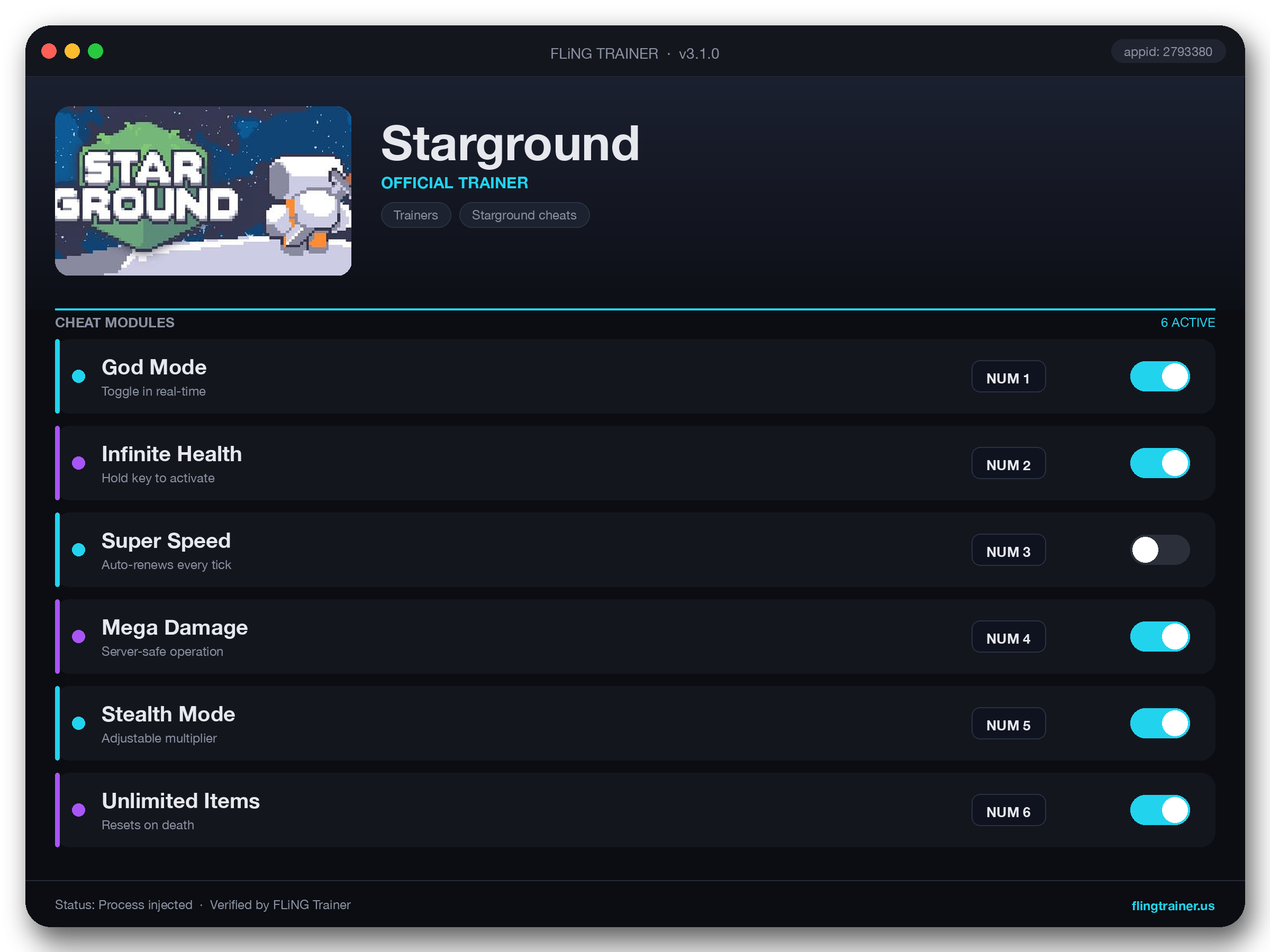 Starground Trainer interface