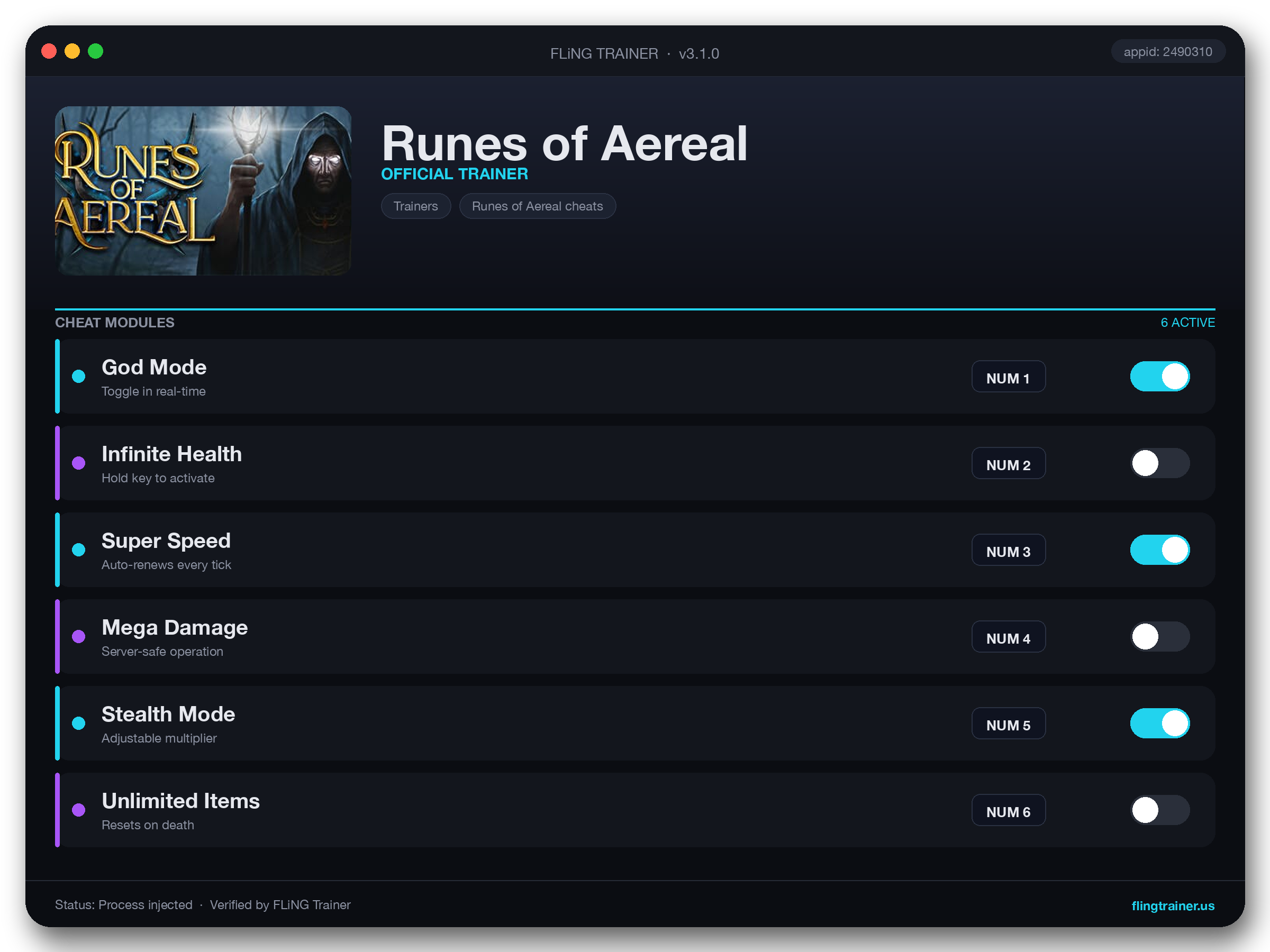 Runes of Aereal Trainer interface