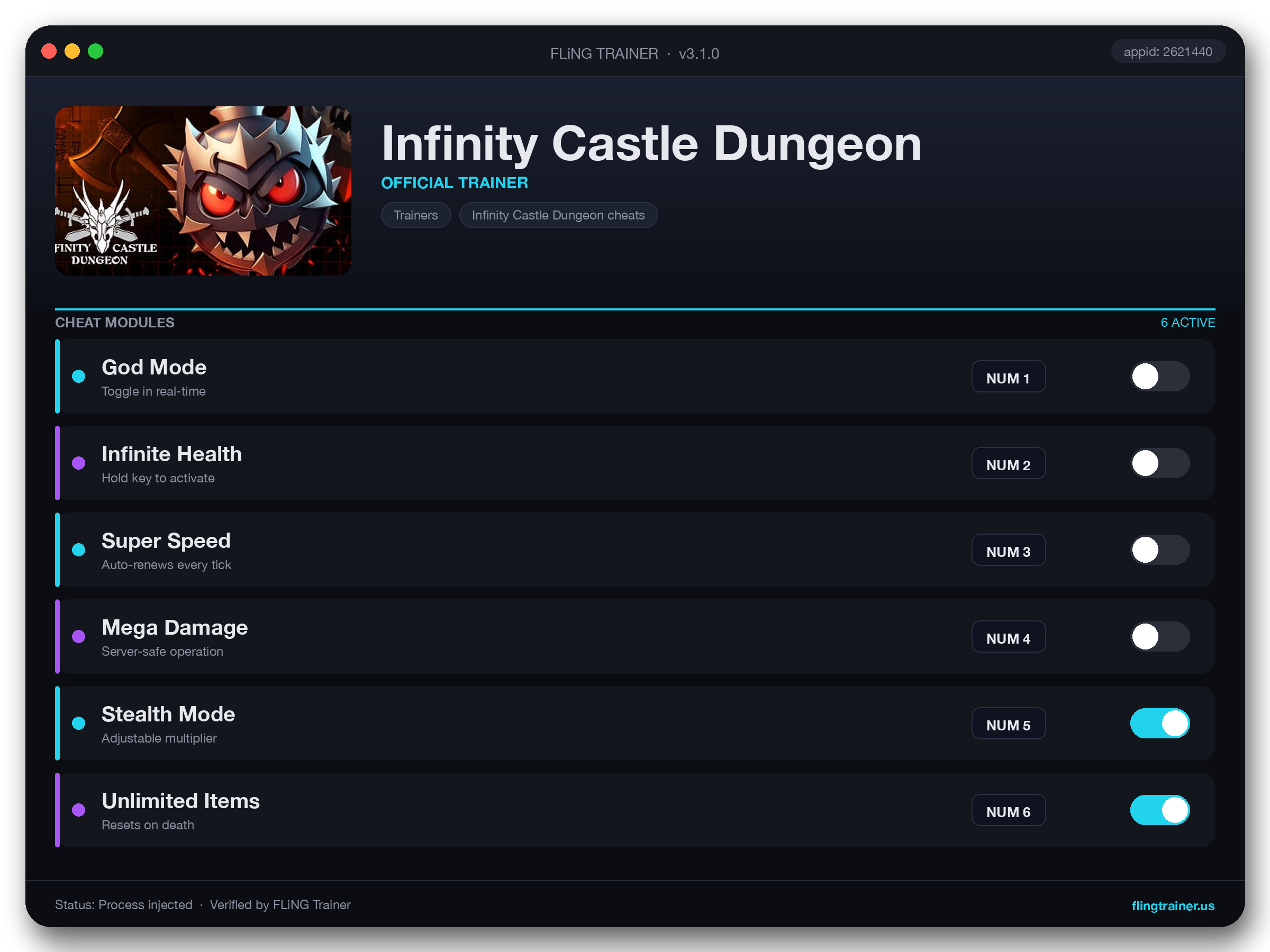 Infinity Castle Dungeon Trainer interface