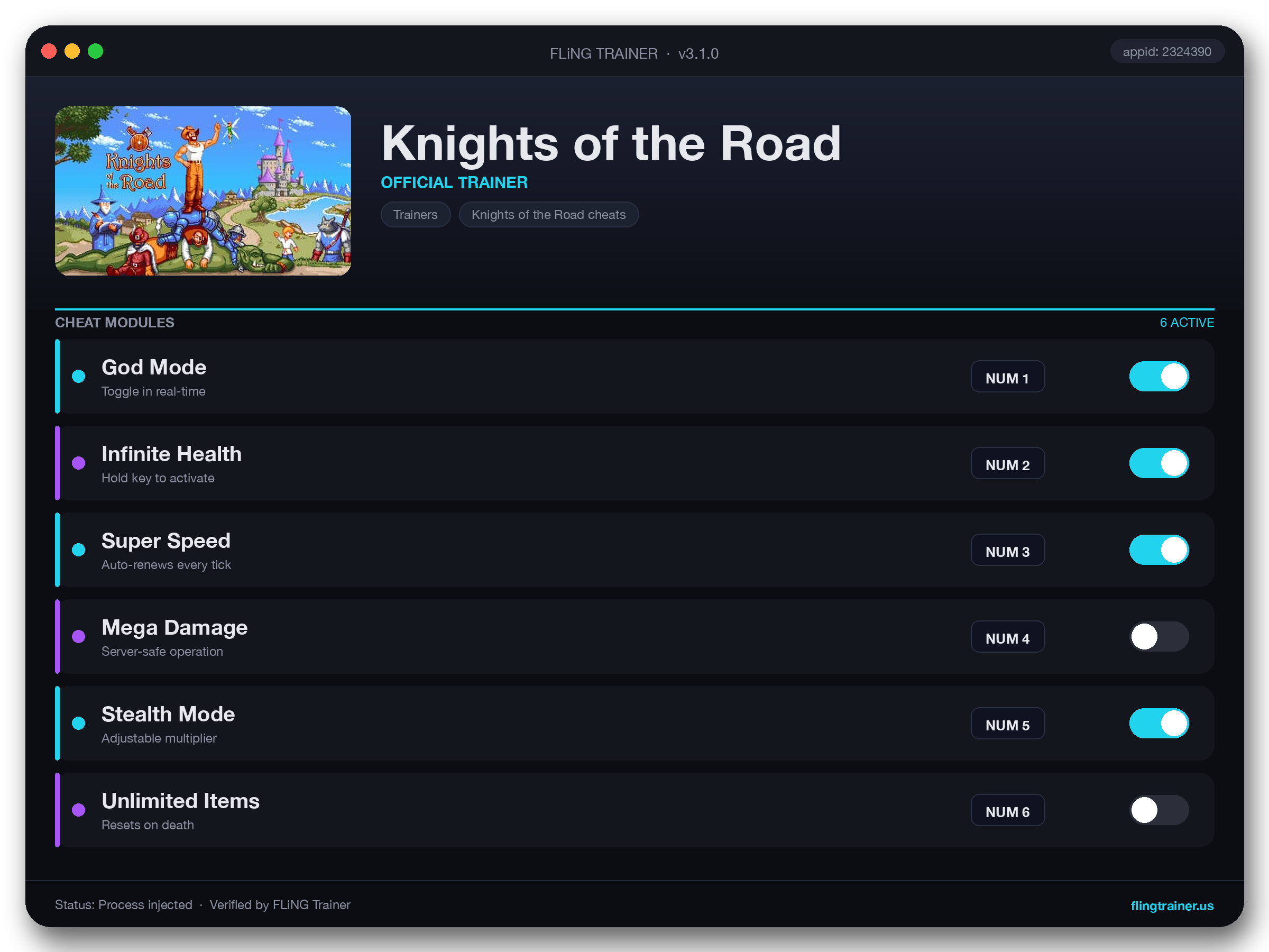 Knights of the Road Trainer interface