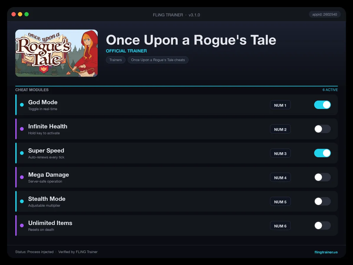 Once Upon a Rogue's Tale Trainer interface