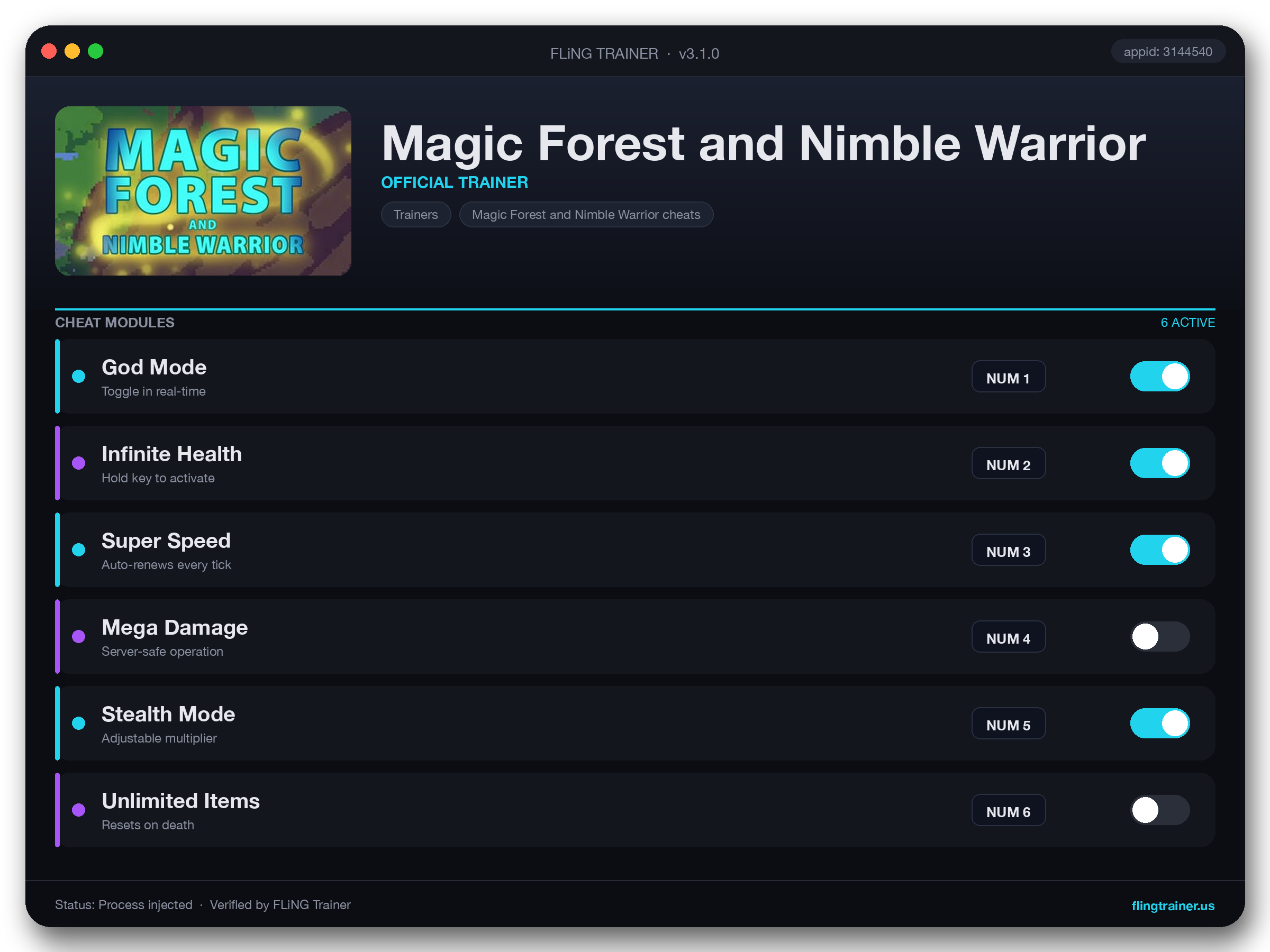 Magic Forest and Nimble Warrior Trainer interface