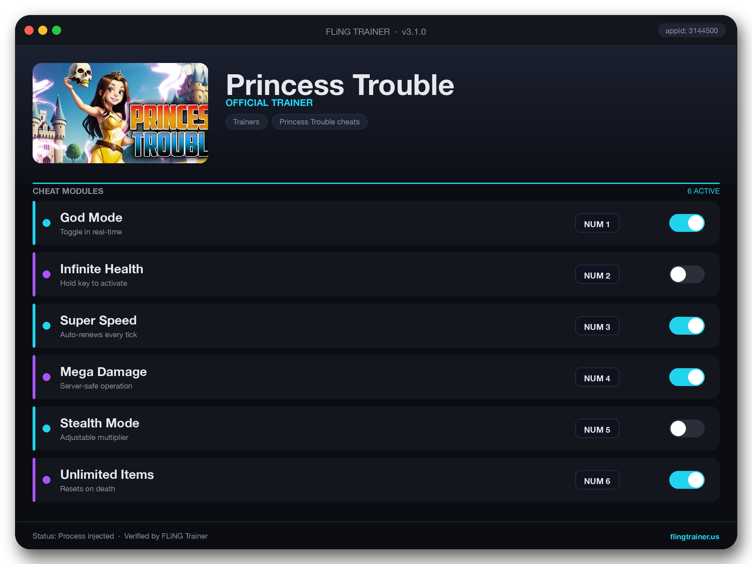 Princess Trouble Trainer interface