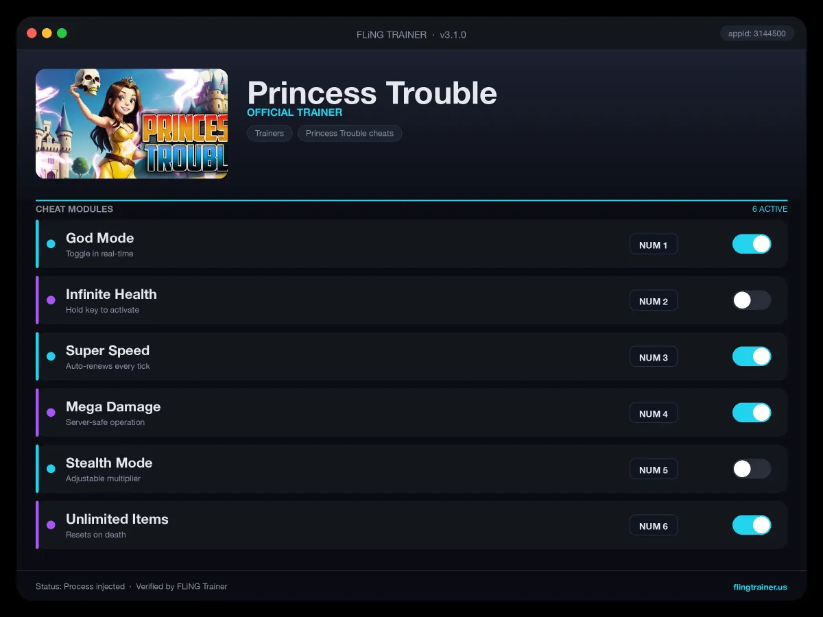 Princess Trouble Trainer interface