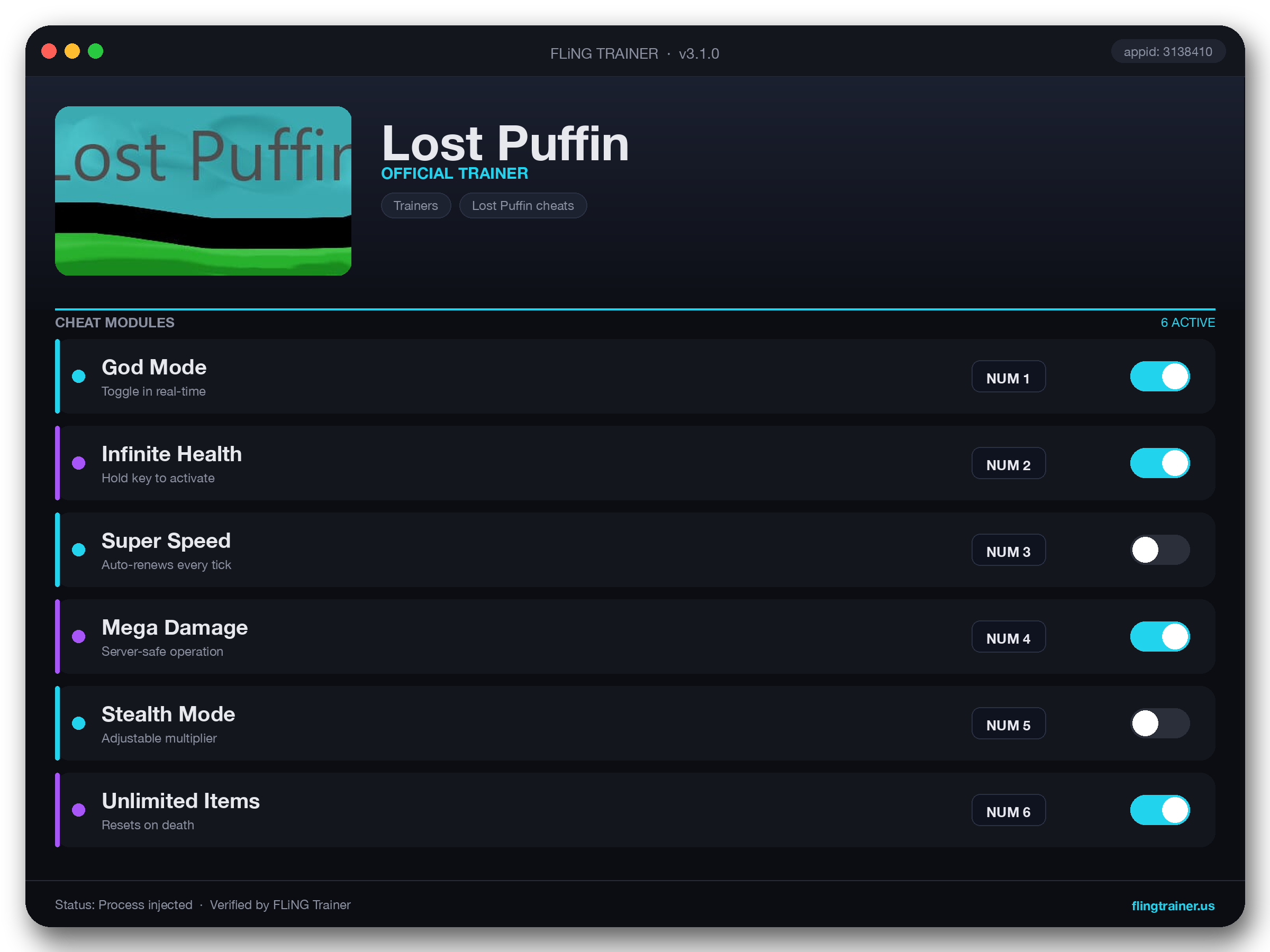 Lost Puffin Trainer interface